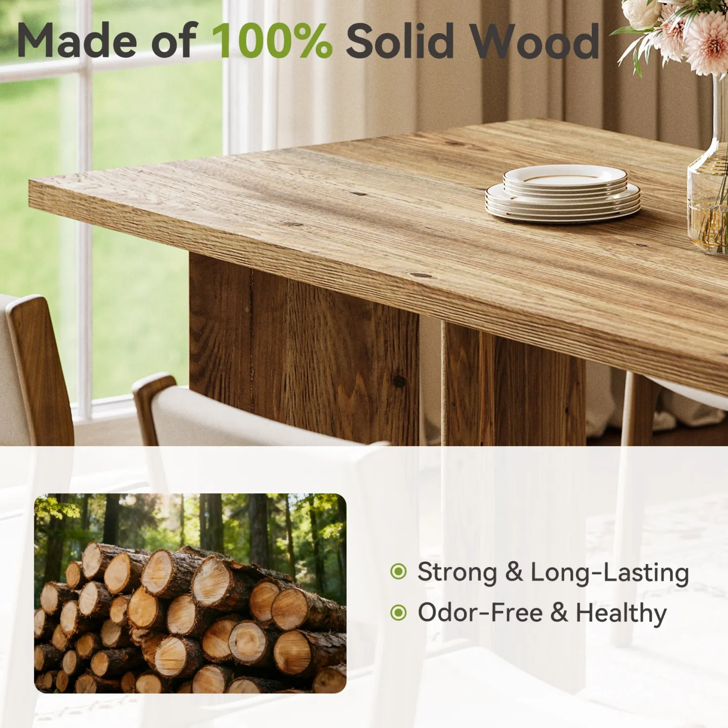 Solid Wood Dining Table, 63" Farmhouse Long Kitchen Table
