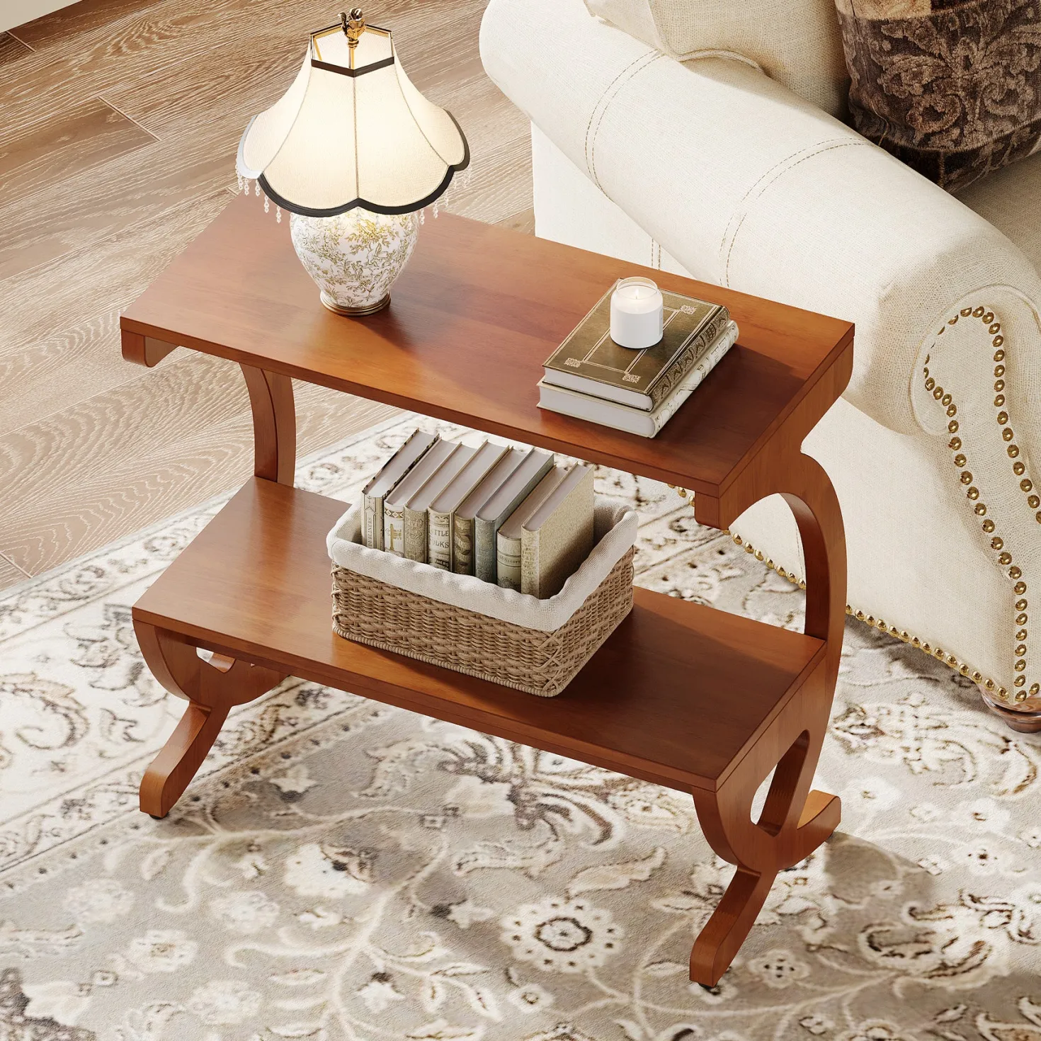 Solid Wood End Table, Narrow 2-Tier Side Table with Storage Shelf