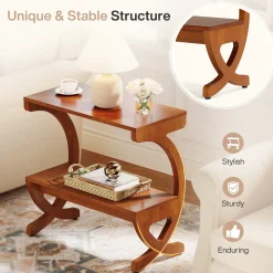 Solid Wood End Table, Narrow 2-Tier Side Table with Storage Shelf