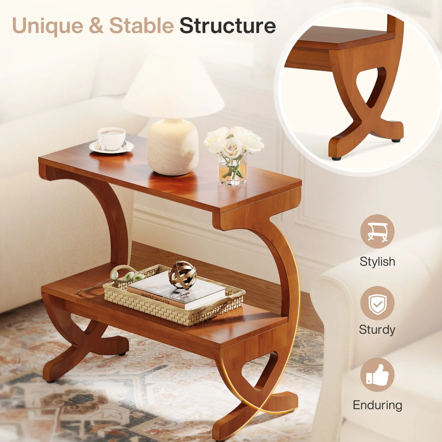 Solid Wood End Table, Narrow 2-Tier Side Table with Storage Shelf