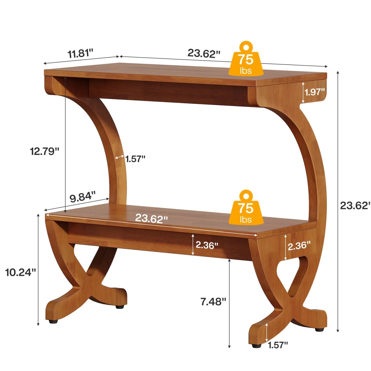 Solid Wood End Table, Narrow 2-Tier Side Table with Storage Shelf