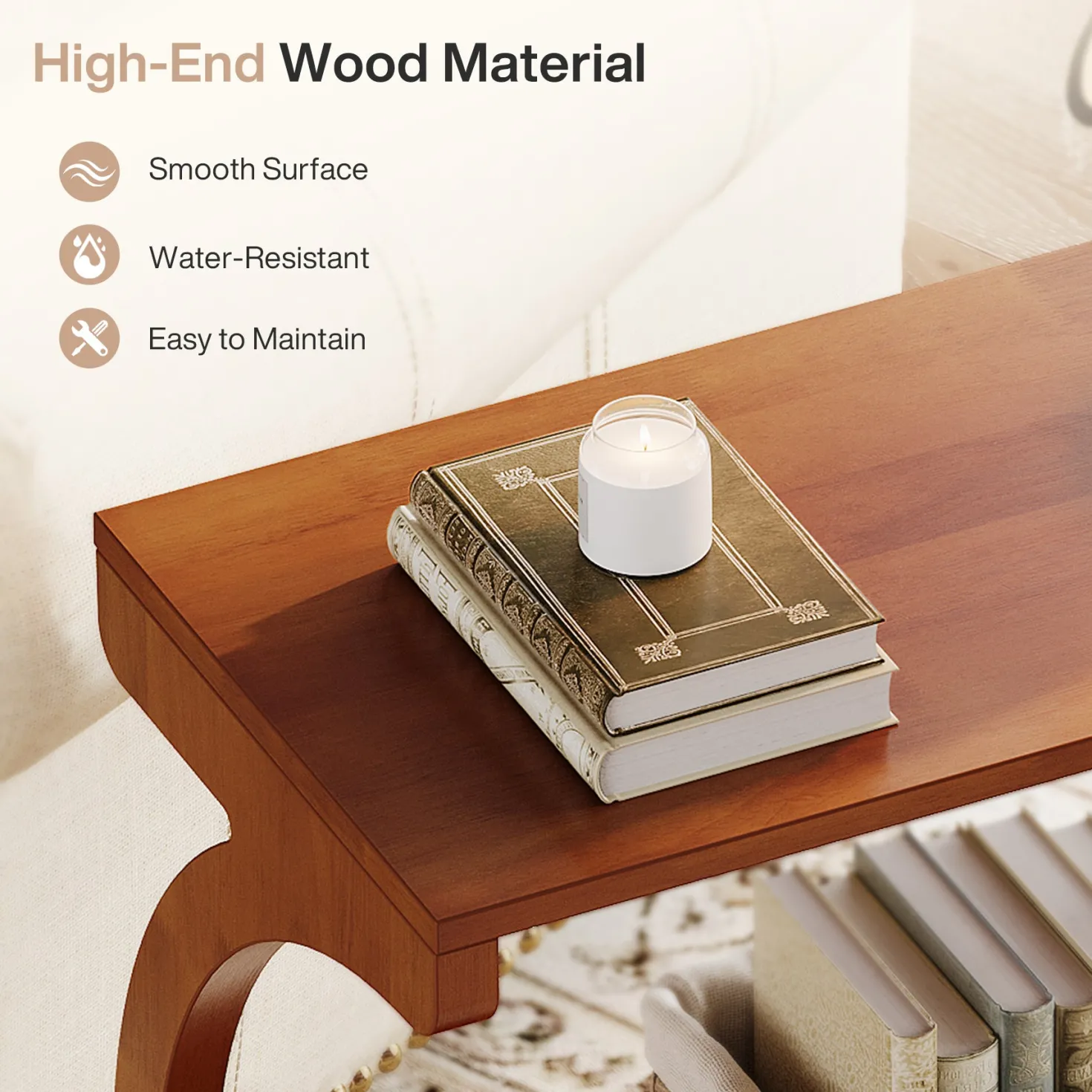 Solid Wood End Table, Narrow 2-Tier Side Table with Storage Shelf