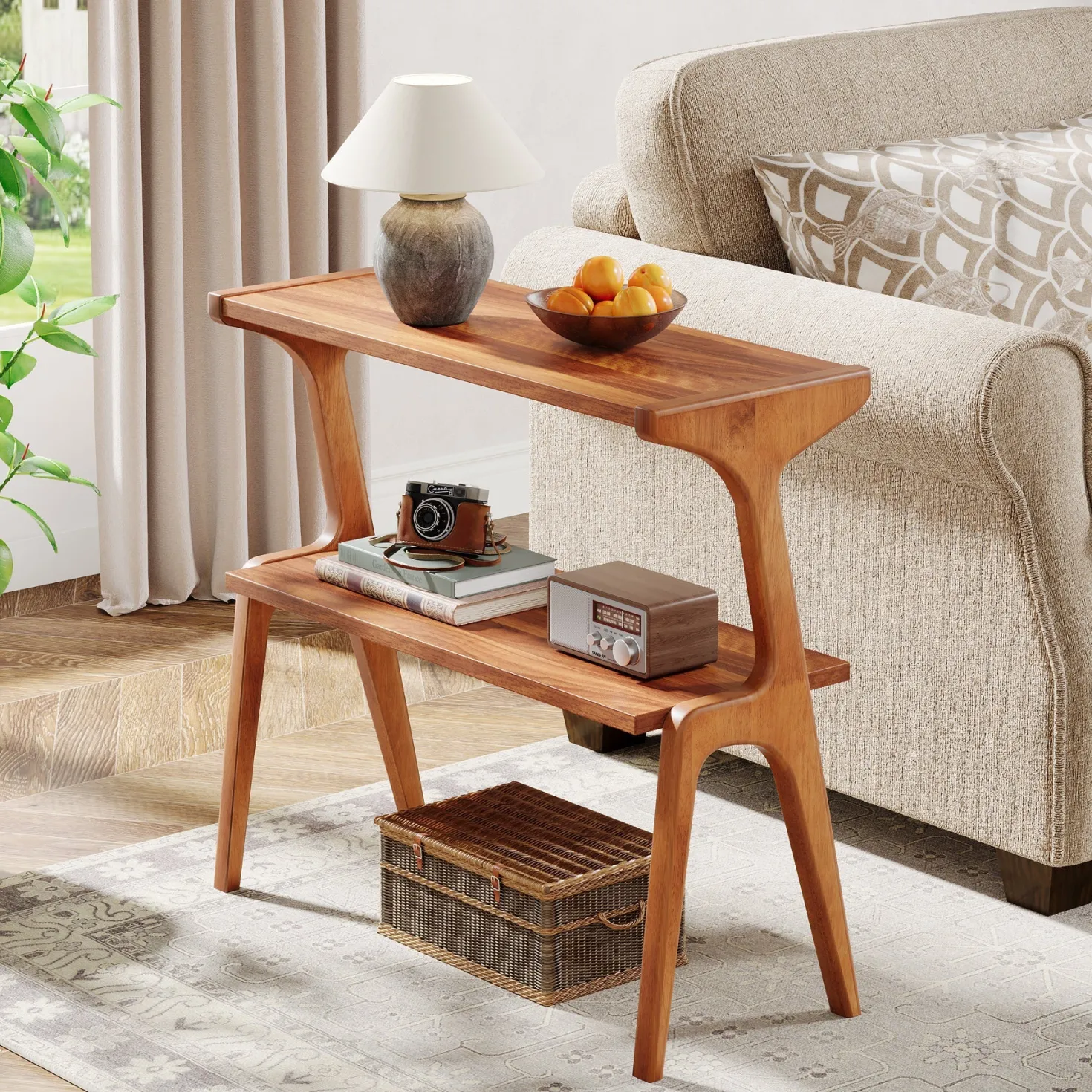 Solid Wood End Table, 2-Tier Sofa Side Table with Storage Shelf