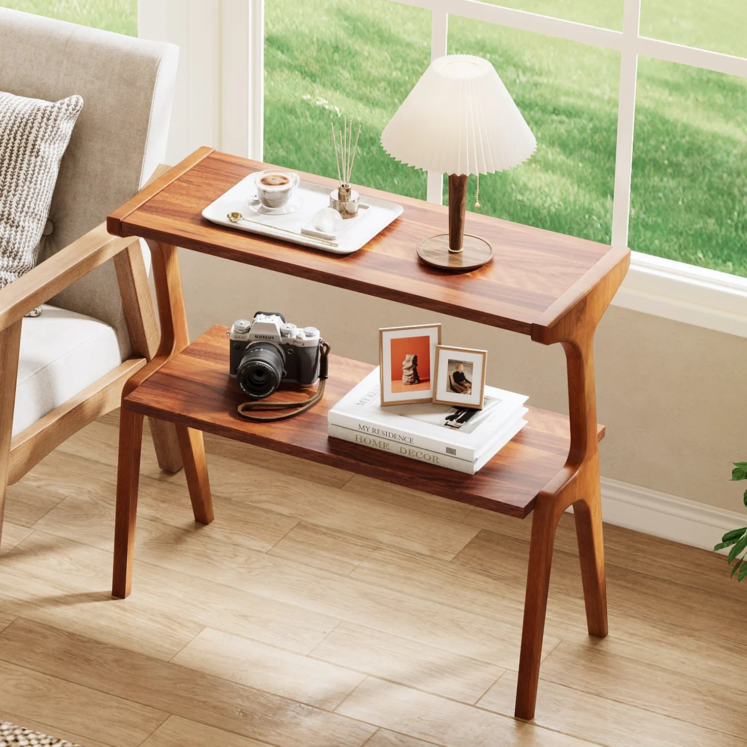 Solid Wood End Table, 2-Tier Sofa Side Table with Storage Shelf