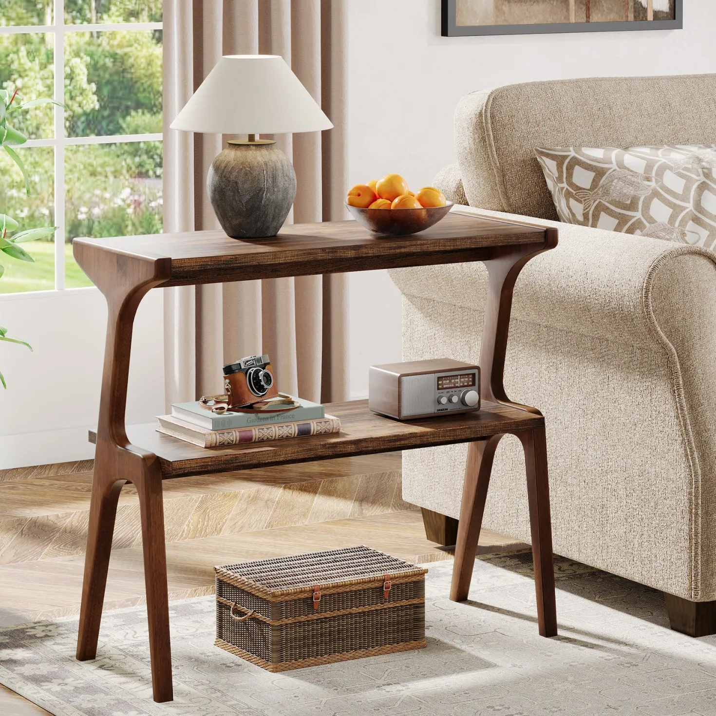 Solid Wood End Table, 2-Tier Sofa Side Table with Storage Shelf