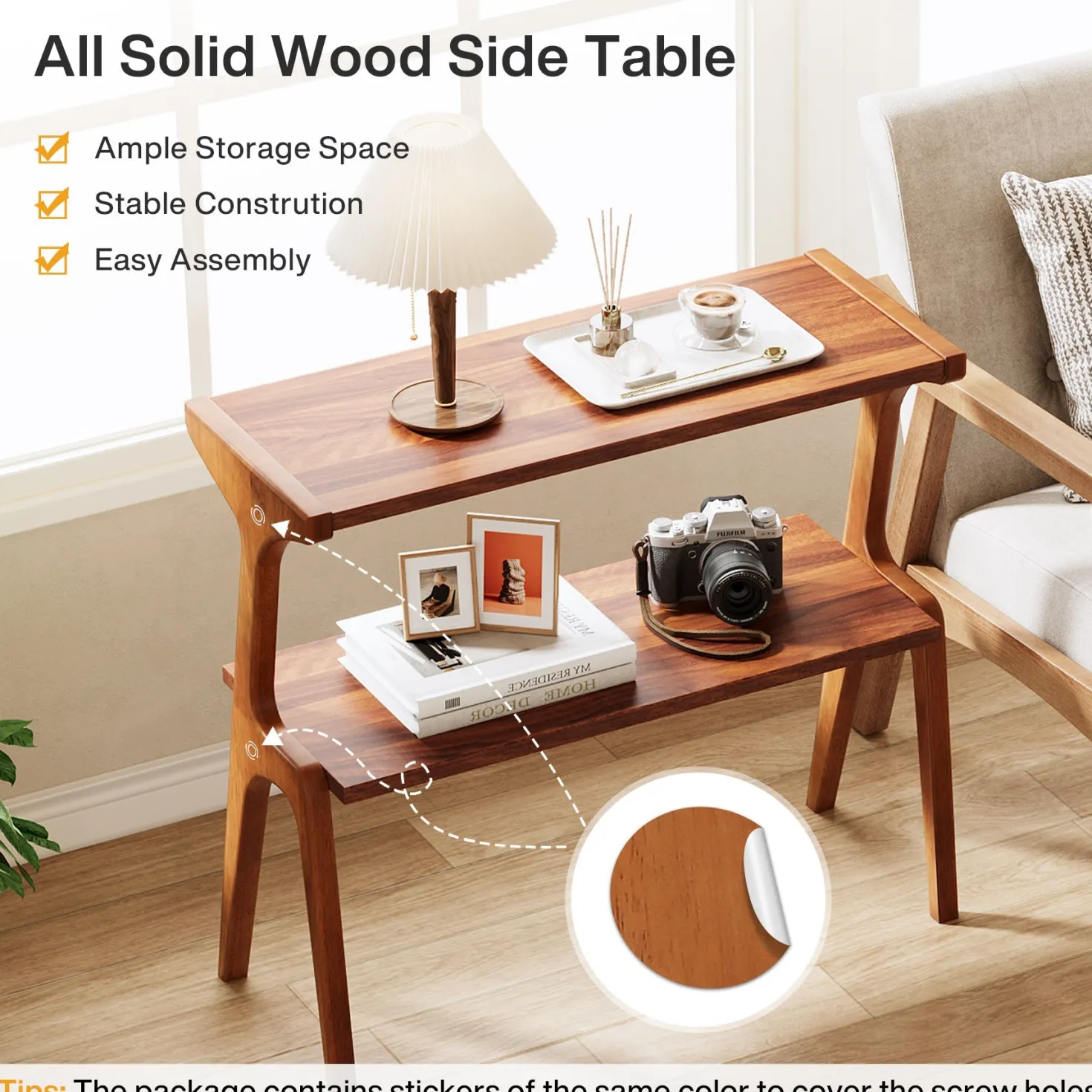 Solid Wood End Table, 2-Tier Sofa Side Table with Storage Shelf