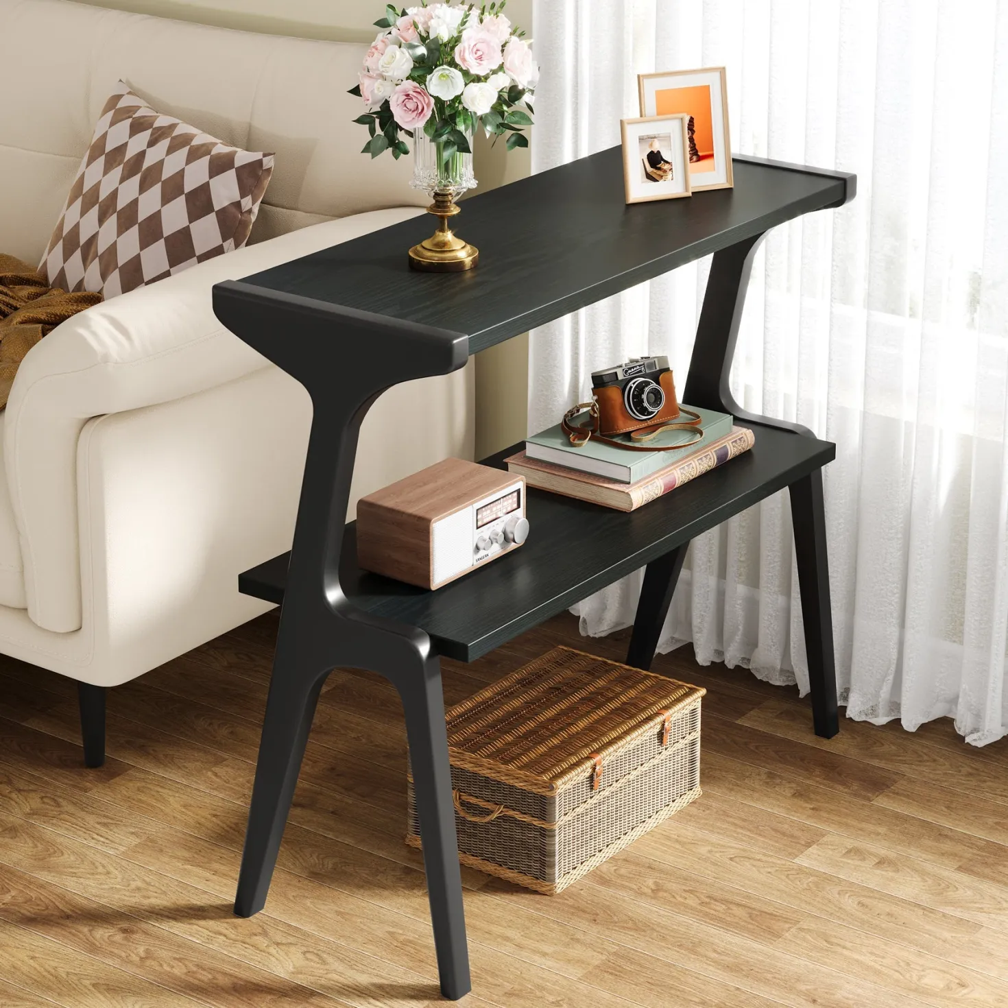 Solid Wood End Table, 2-Tier Sofa Side Table with Storage Shelf