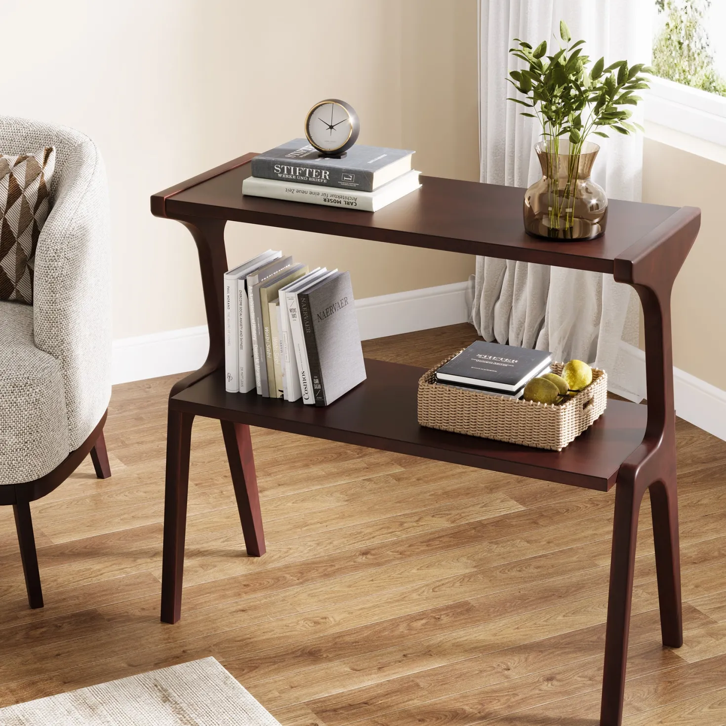 Solid Wood End Table, 2-Tier Sofa Side Table with Storage Shelf