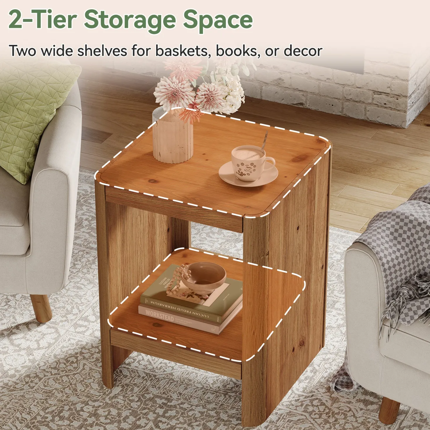 Solid Wood End Table, 2-Tier Side Table with Rounded Edges for Living Room