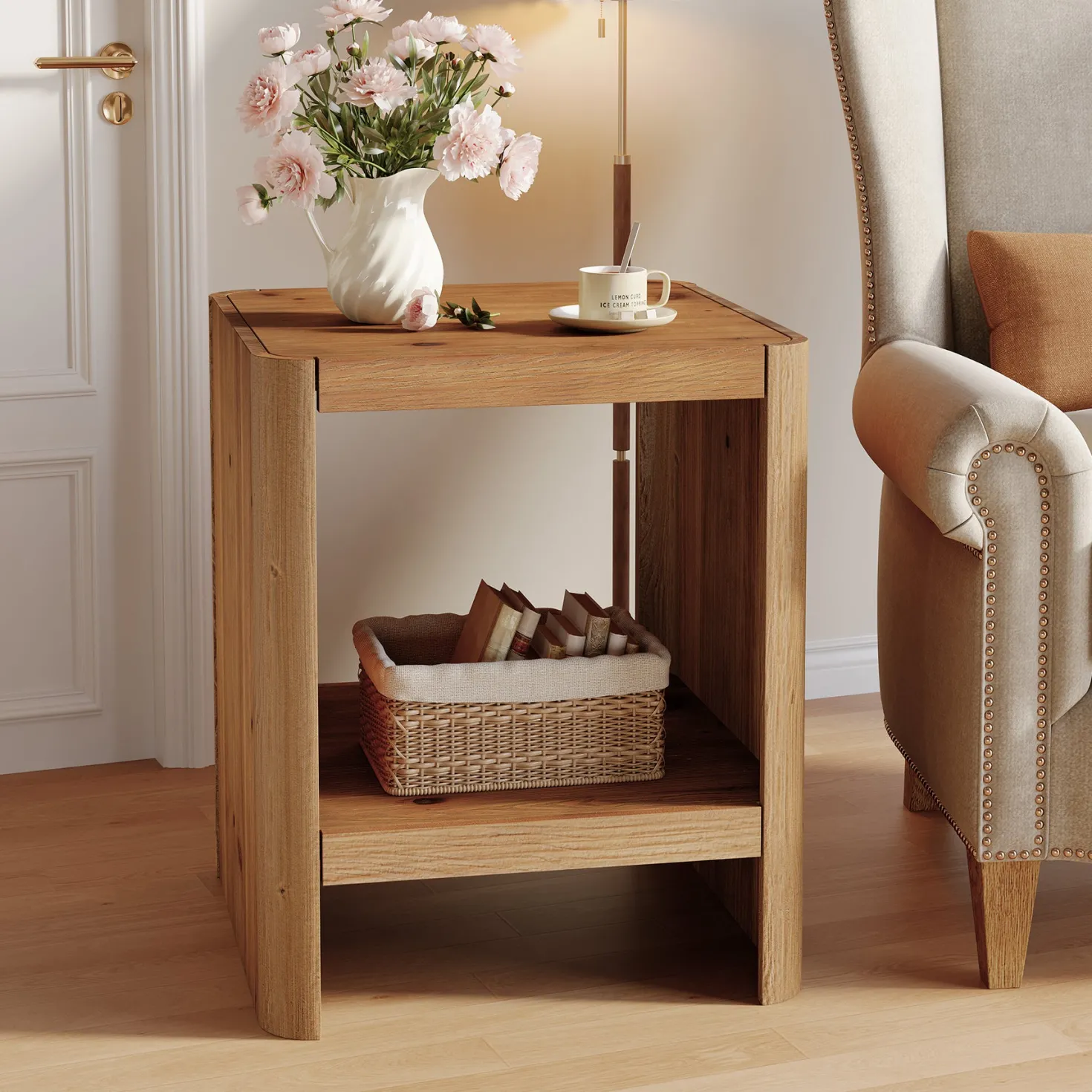 Solid Wood End Table, 2-Tier Side Table with Rounded Edges for Living Room