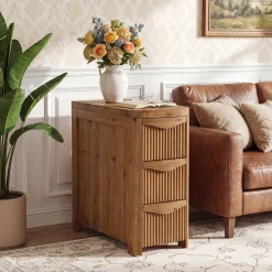 Solid Wood End Table with 3 Drawers, 24