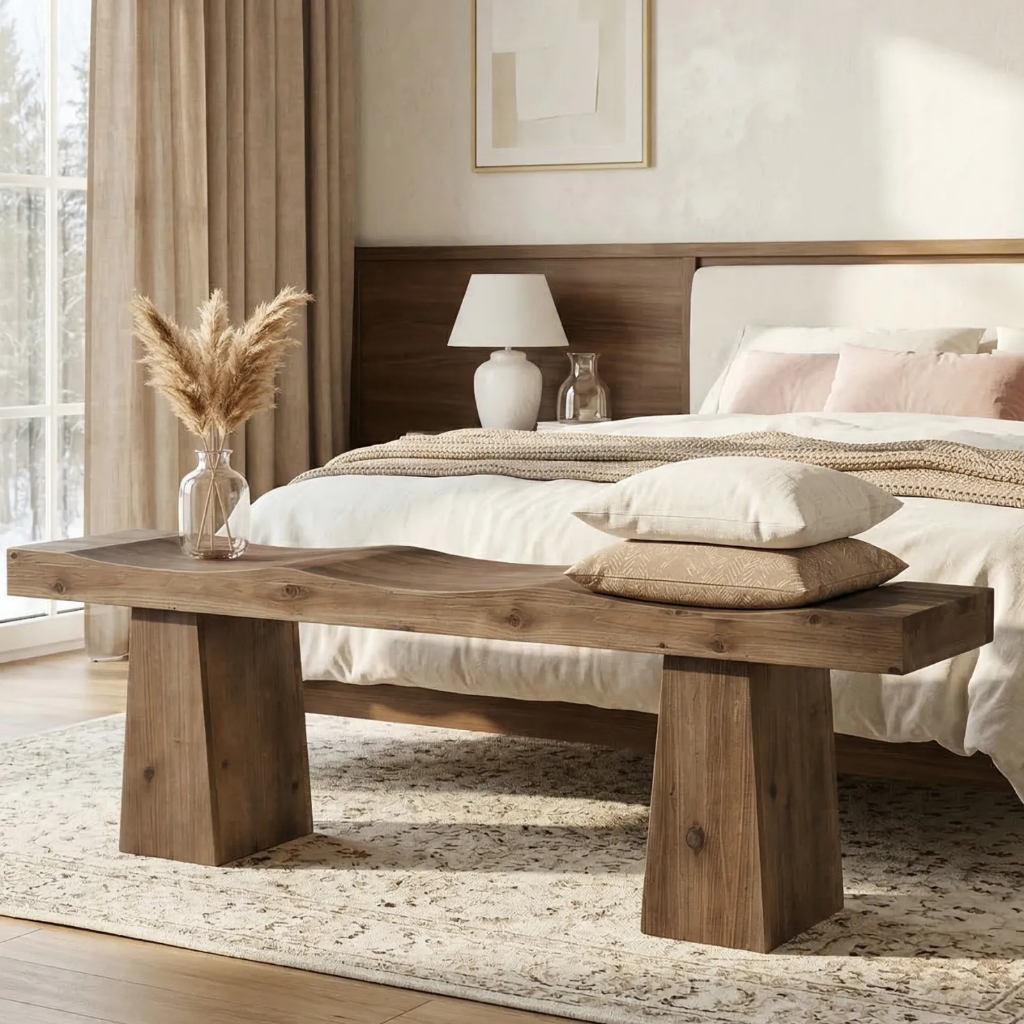 Solid Wood Entryway Bench, 59" End of Bed Bench with Wavy Edges Design