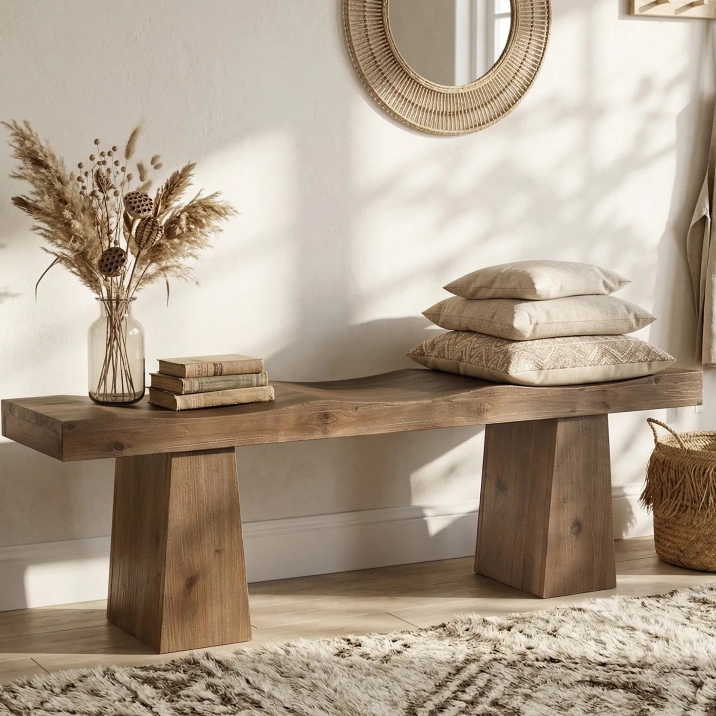 Solid Wood Entryway Bench, 59" End of Bed Bench with Wavy Edges Design