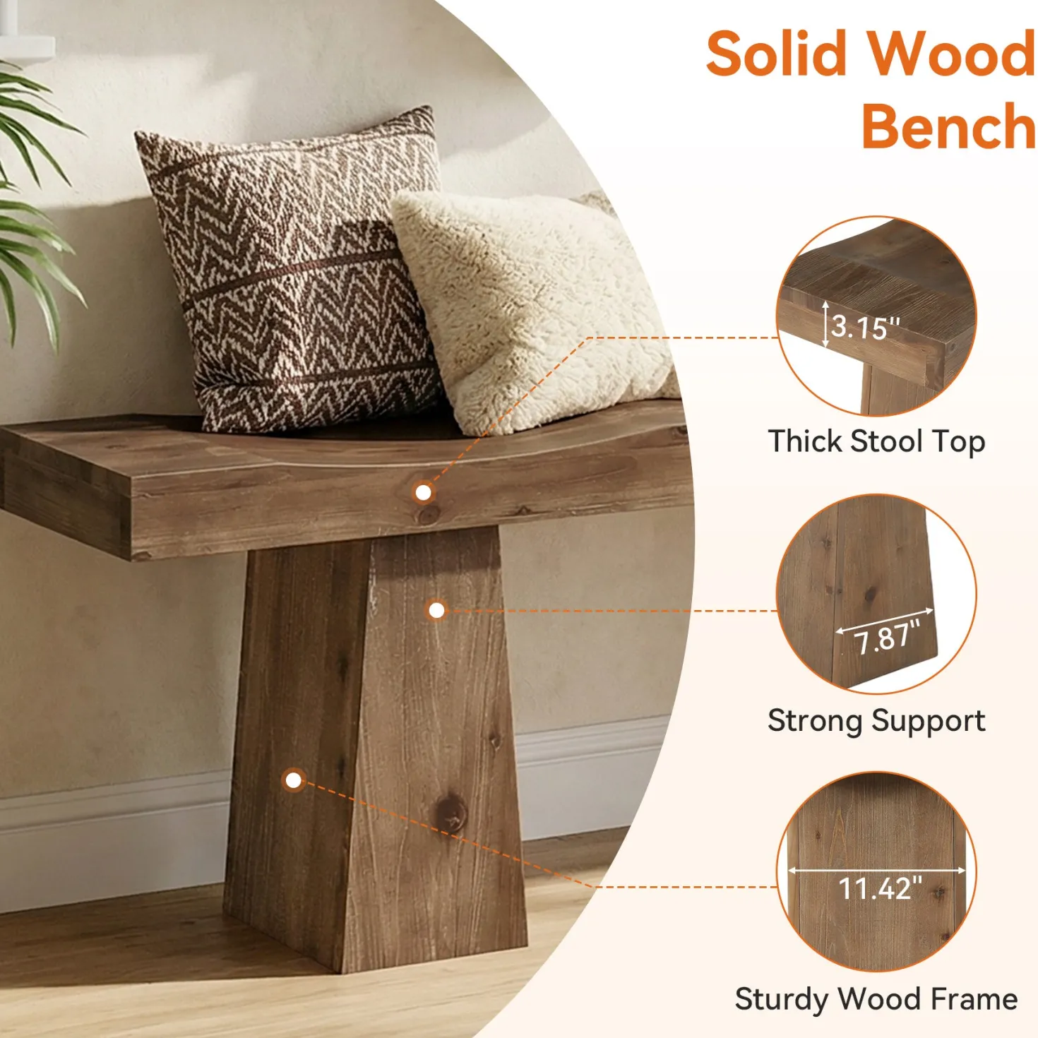 Solid Wood Entryway Bench, 59" End of Bed Bench with Wavy Edges Design
