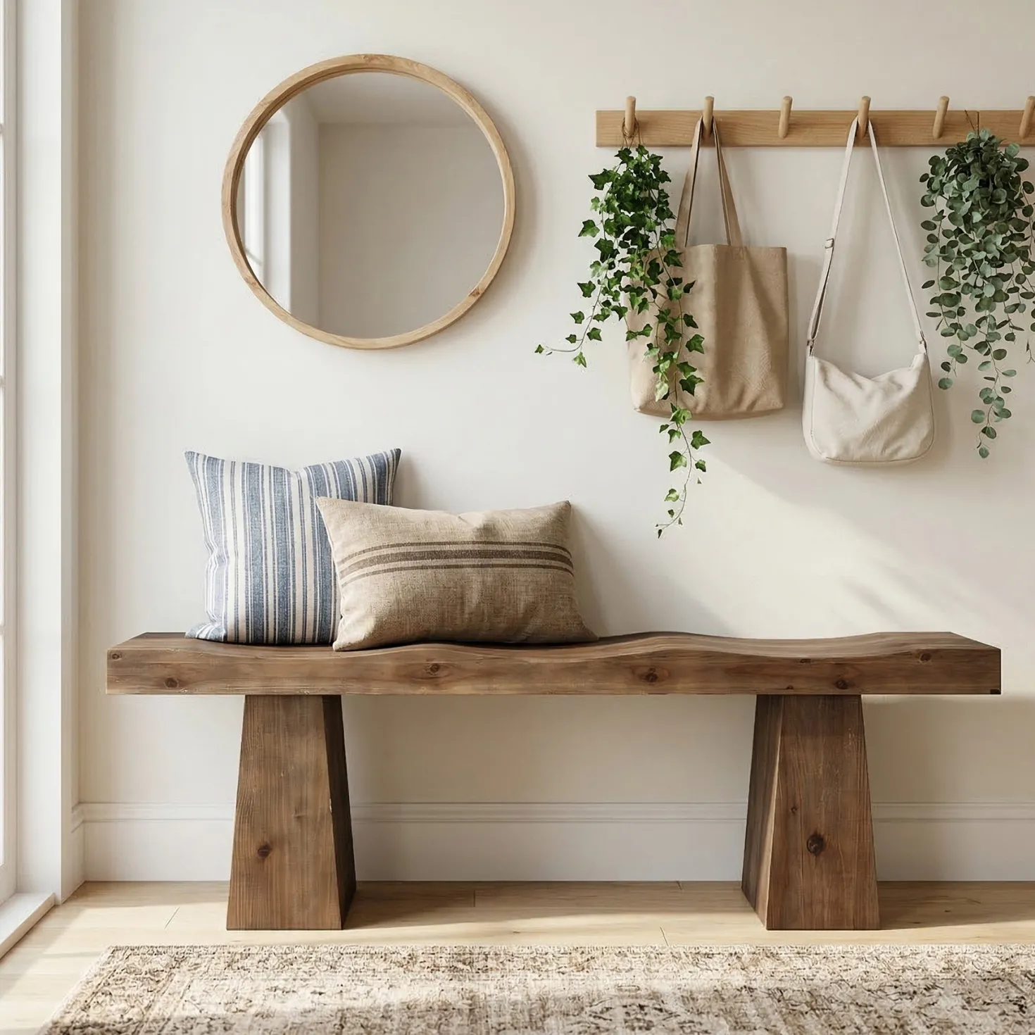 Solid Wood Entryway Bench, 59" End of Bed Bench with Wavy Edges Design