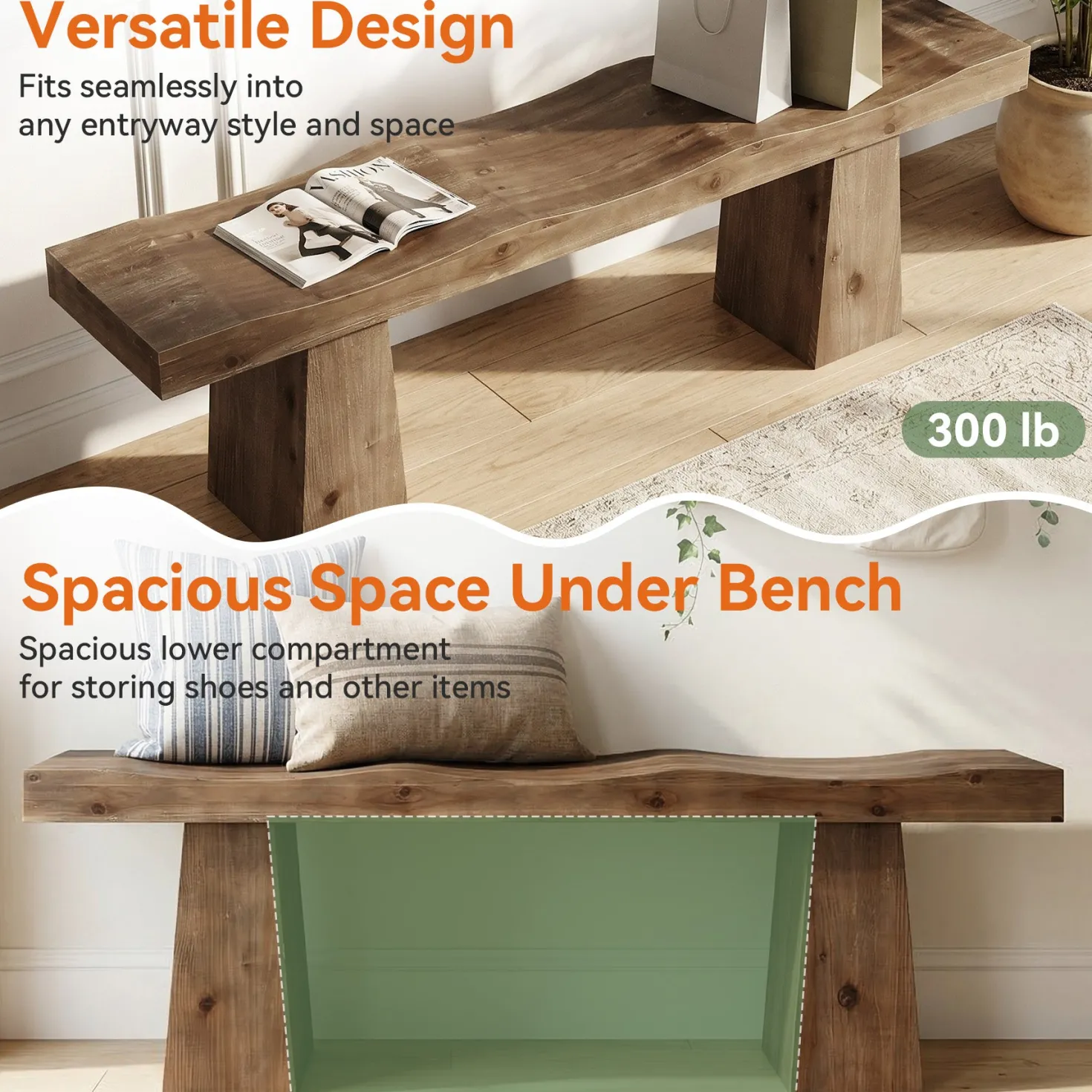 Solid Wood Entryway Bench, 59" End of Bed Bench with Wavy Edges Design