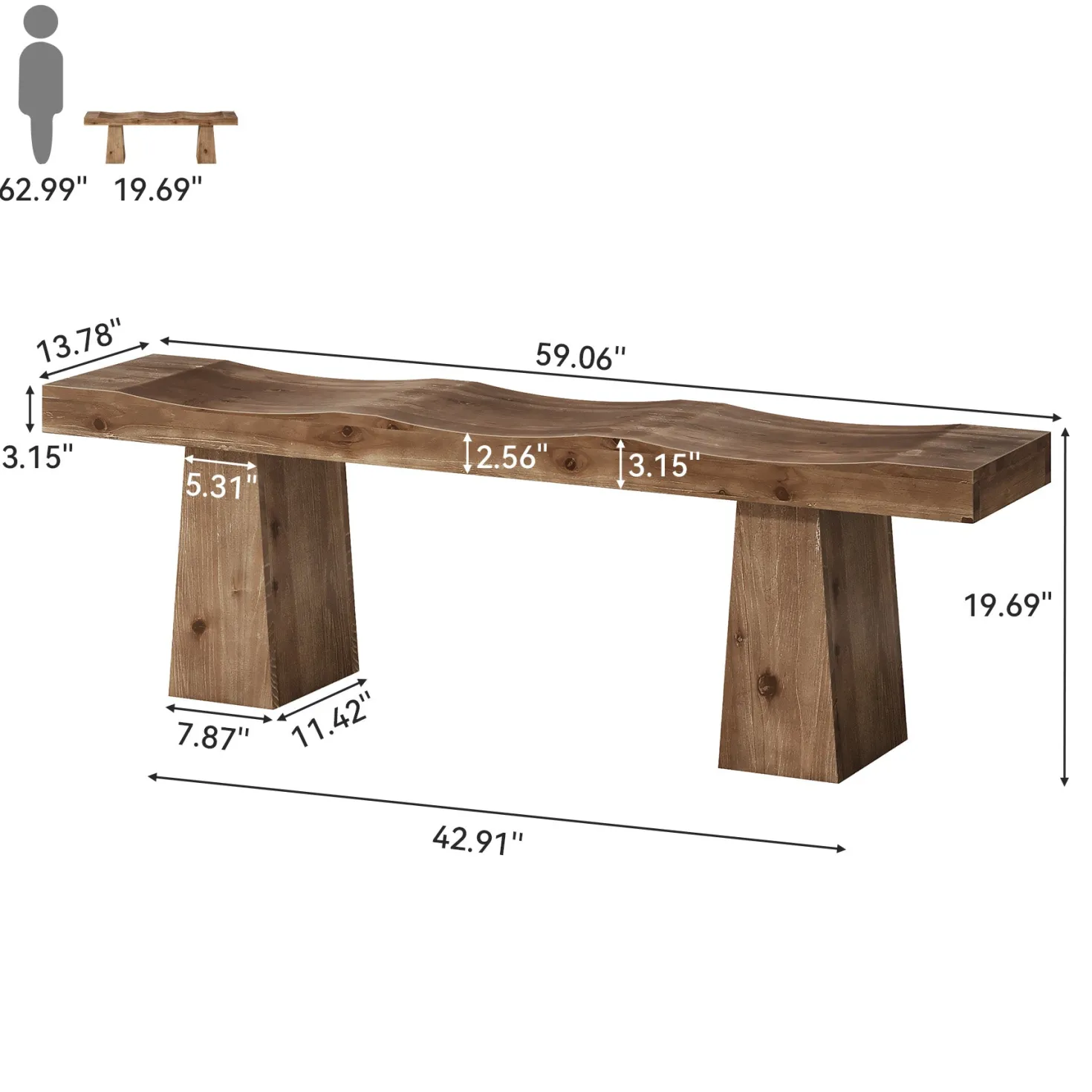 Solid Wood Entryway Bench, 59" End of Bed Bench with Wavy Edges Design