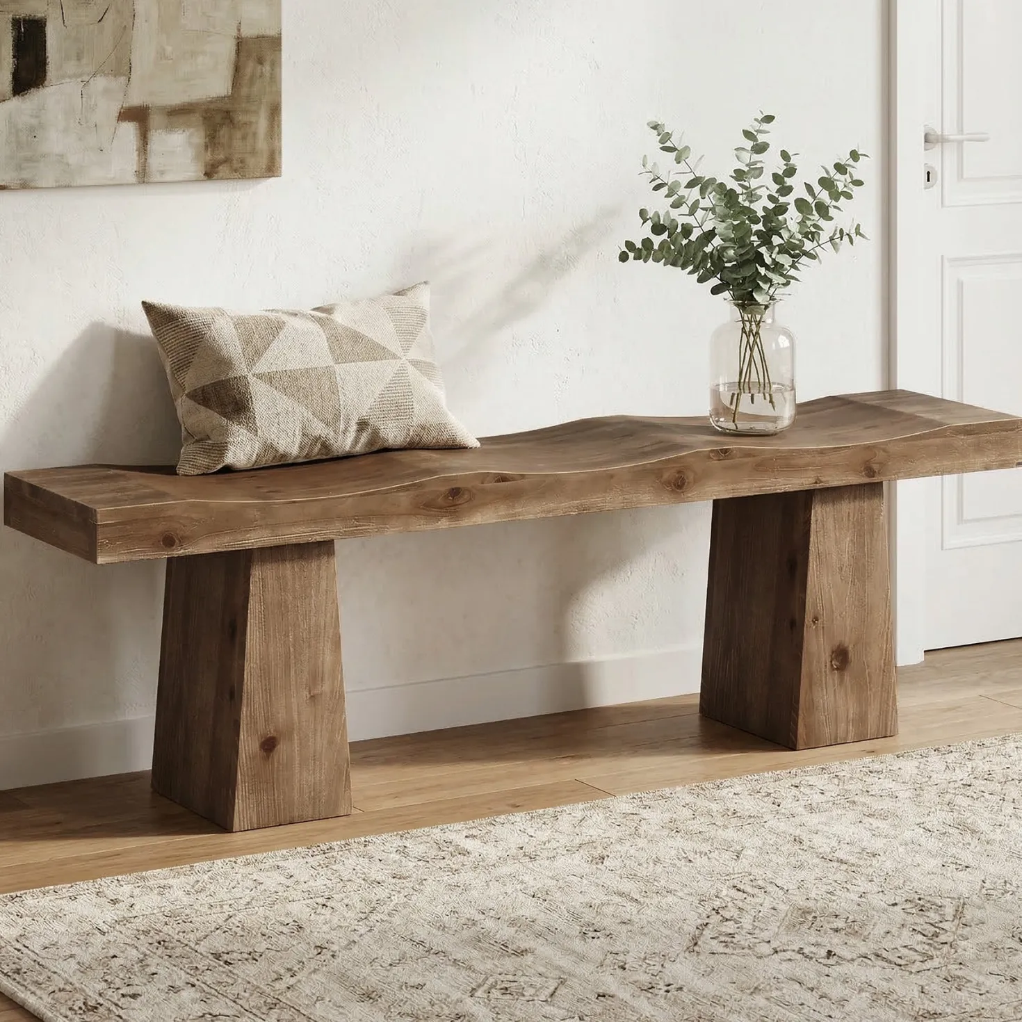 Solid Wood Entryway Bench, 59" End of Bed Bench with Wavy Edges Design