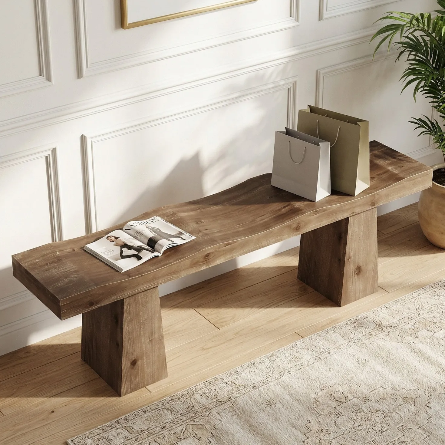 Solid Wood Entryway Bench, 59" End of Bed Bench with Wavy Edges Design