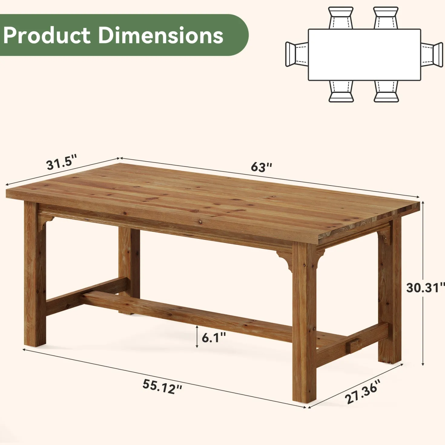 Solid Wood Executive Desk, 63" Computer Desk with Foot Bar for Home Office