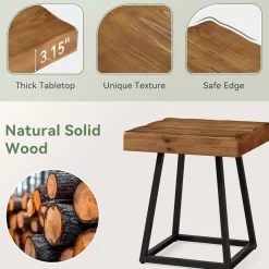 Solid Wood Nightstand, Industrial Square Bedside Table with Metal Frame