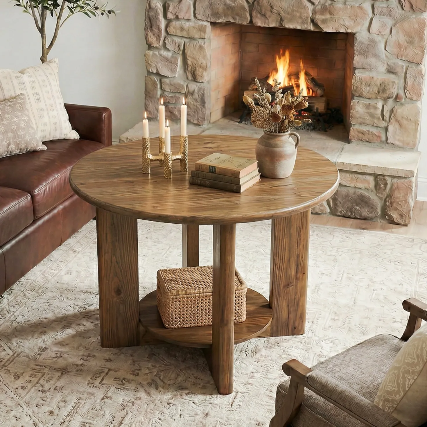 Solid Wood Round Coffee Table, 2-Tier Accent Center Table with Storage