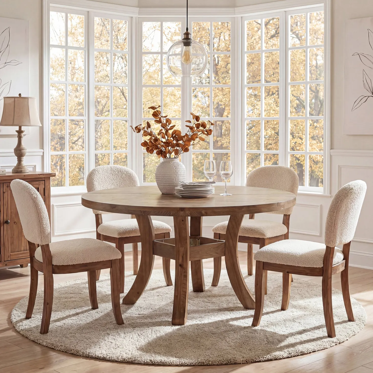 Solid Wood Round Dining Table, 47" Kitchen Table with Unique Curved Legs