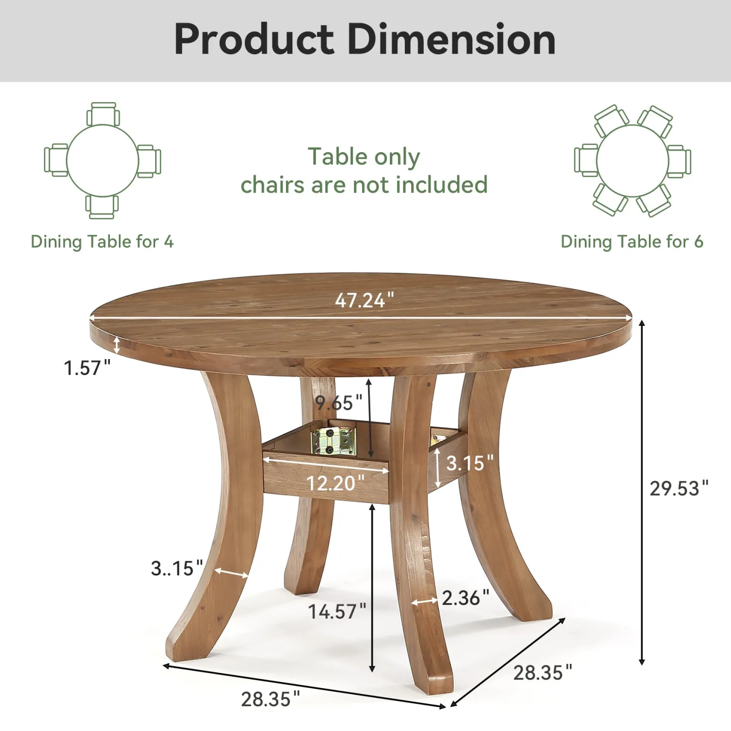 Solid Wood Round Dining Table, 47" Kitchen Table with Unique Curved Legs