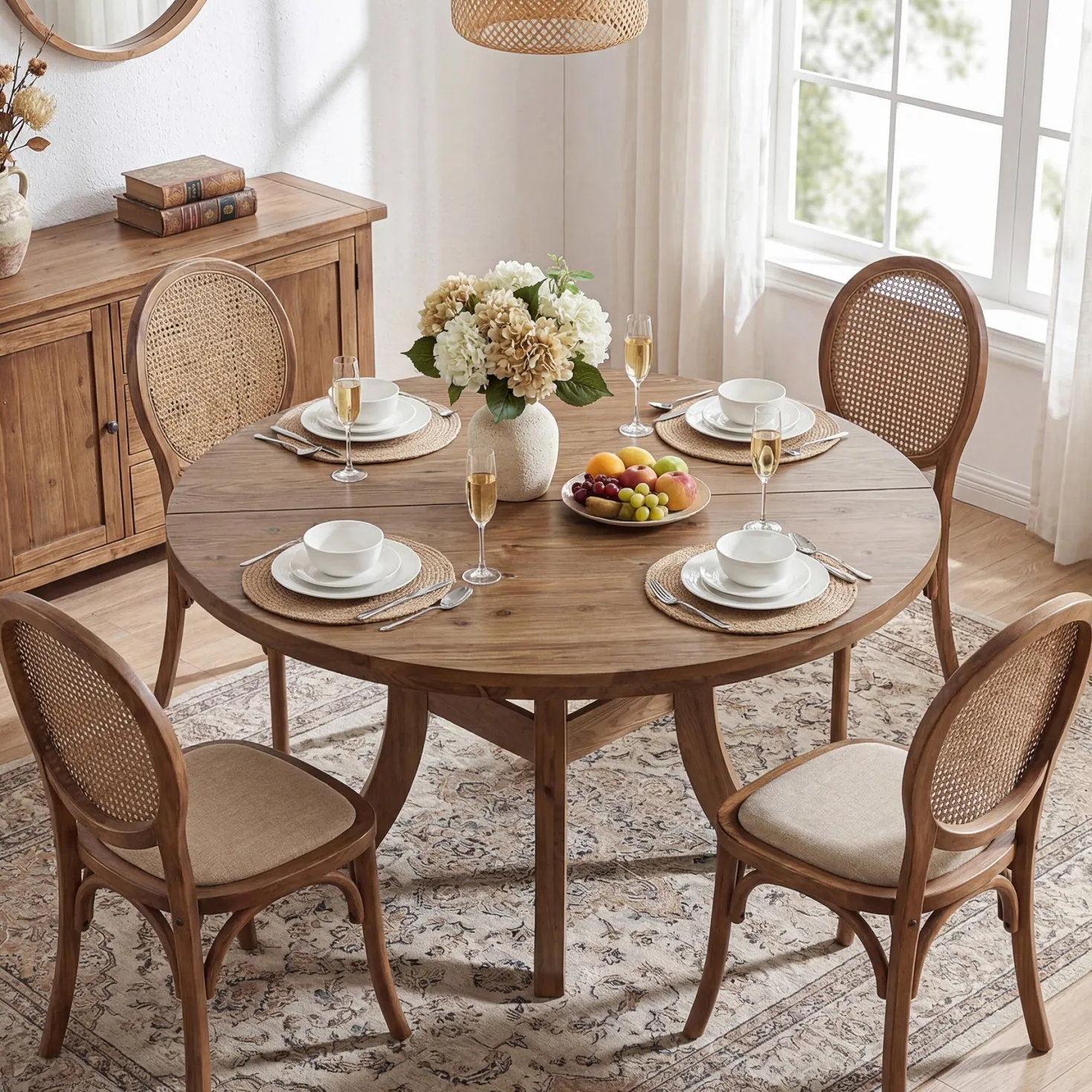 Solid Wood Round Dining Table, 47" Kitchen Table with Unique Curved Legs