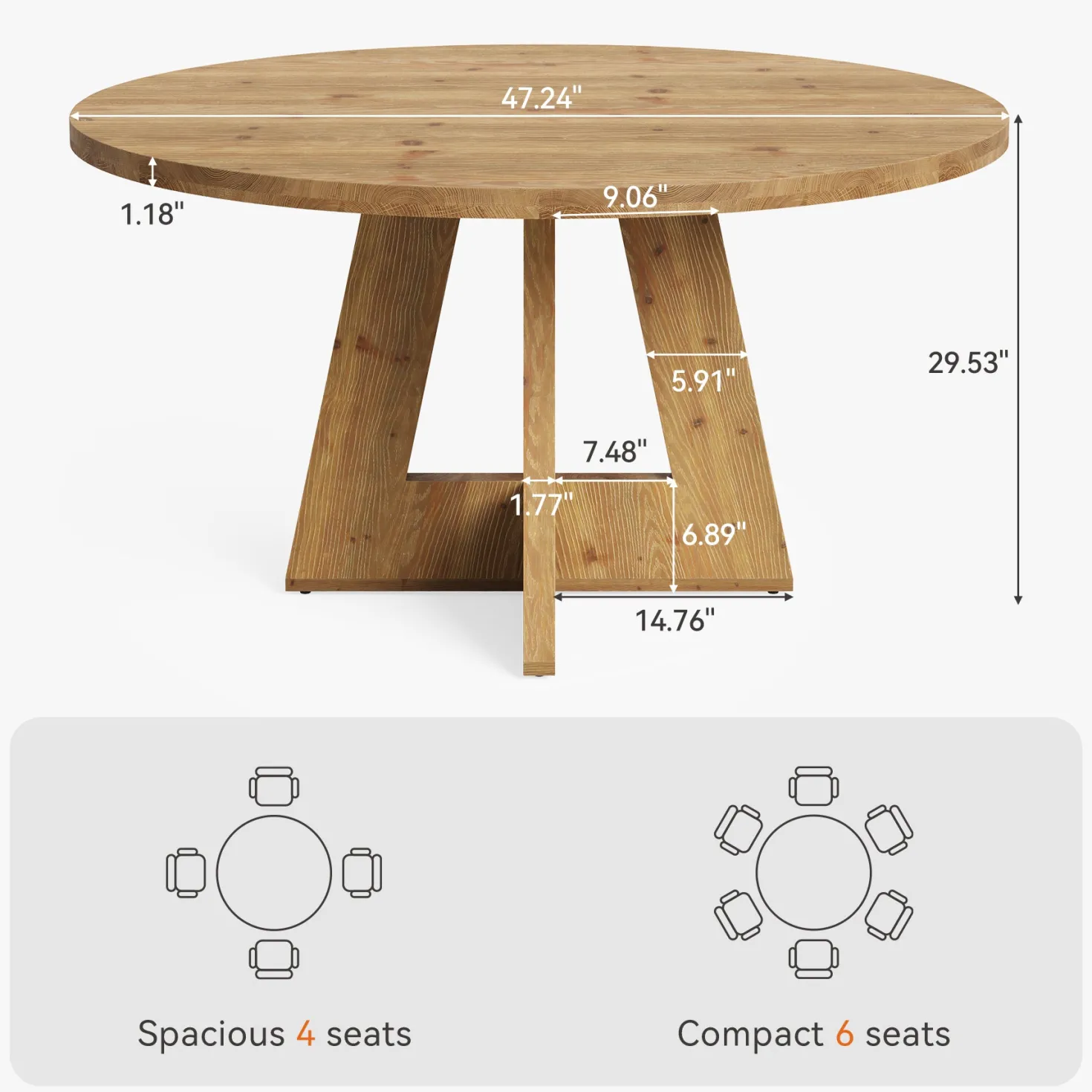 Solid Wood Round Dining Table for 4-6, 47" Farmhouse Kitchen Table for Dining Room
