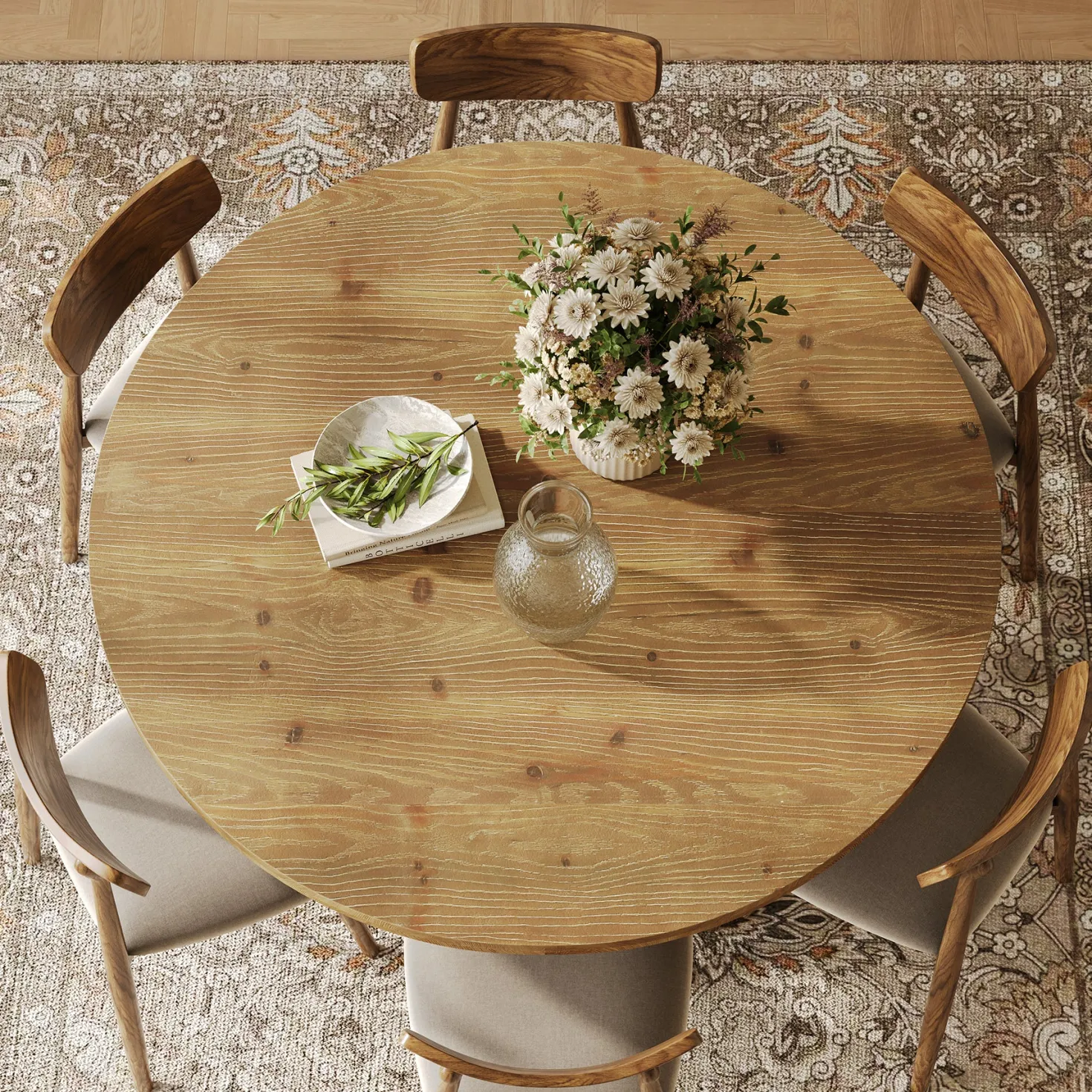 Solid Wood Round Dining Table for 4-6, 47" Farmhouse Kitchen Table for Dining Room