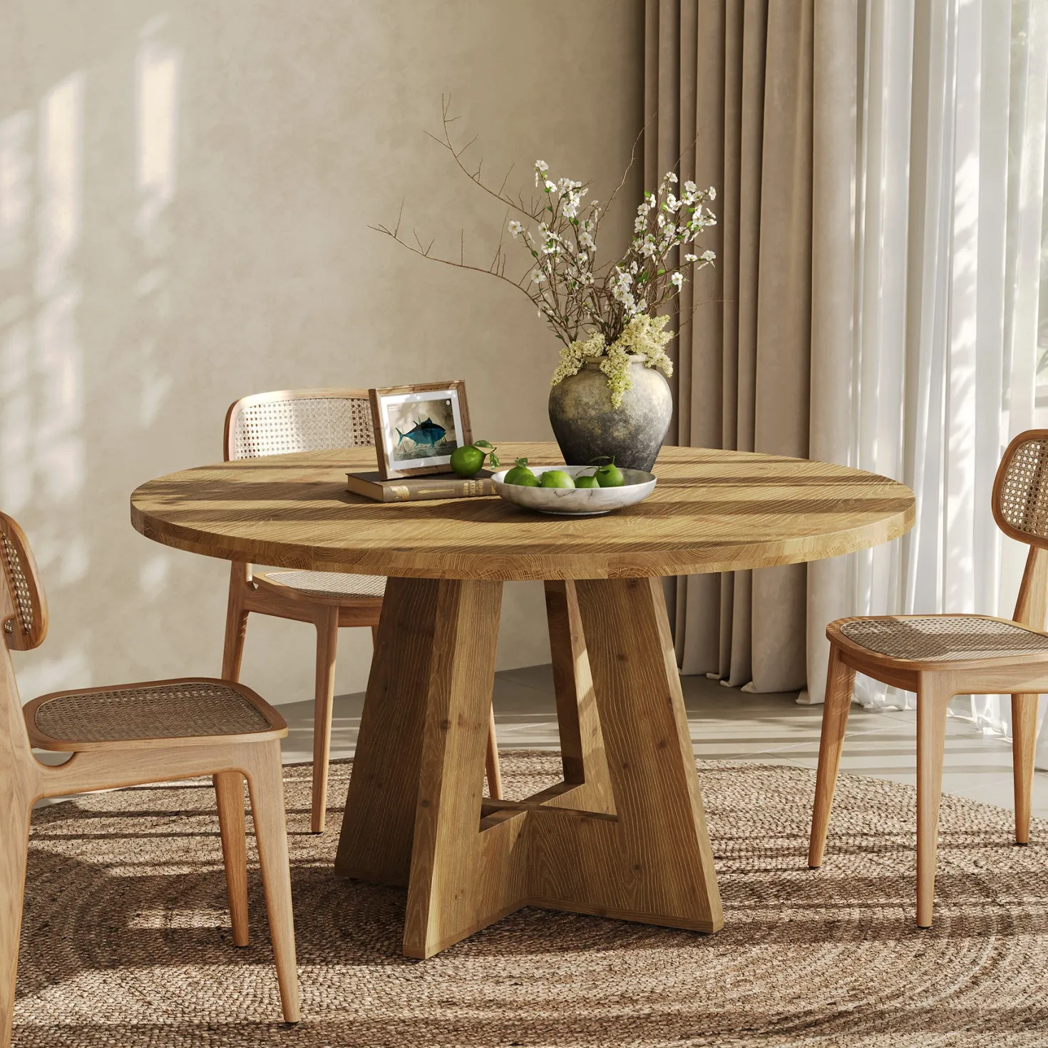 Solid Wood Round Dining Table for 4-6, 47" Farmhouse Kitchen Table for Dining Room