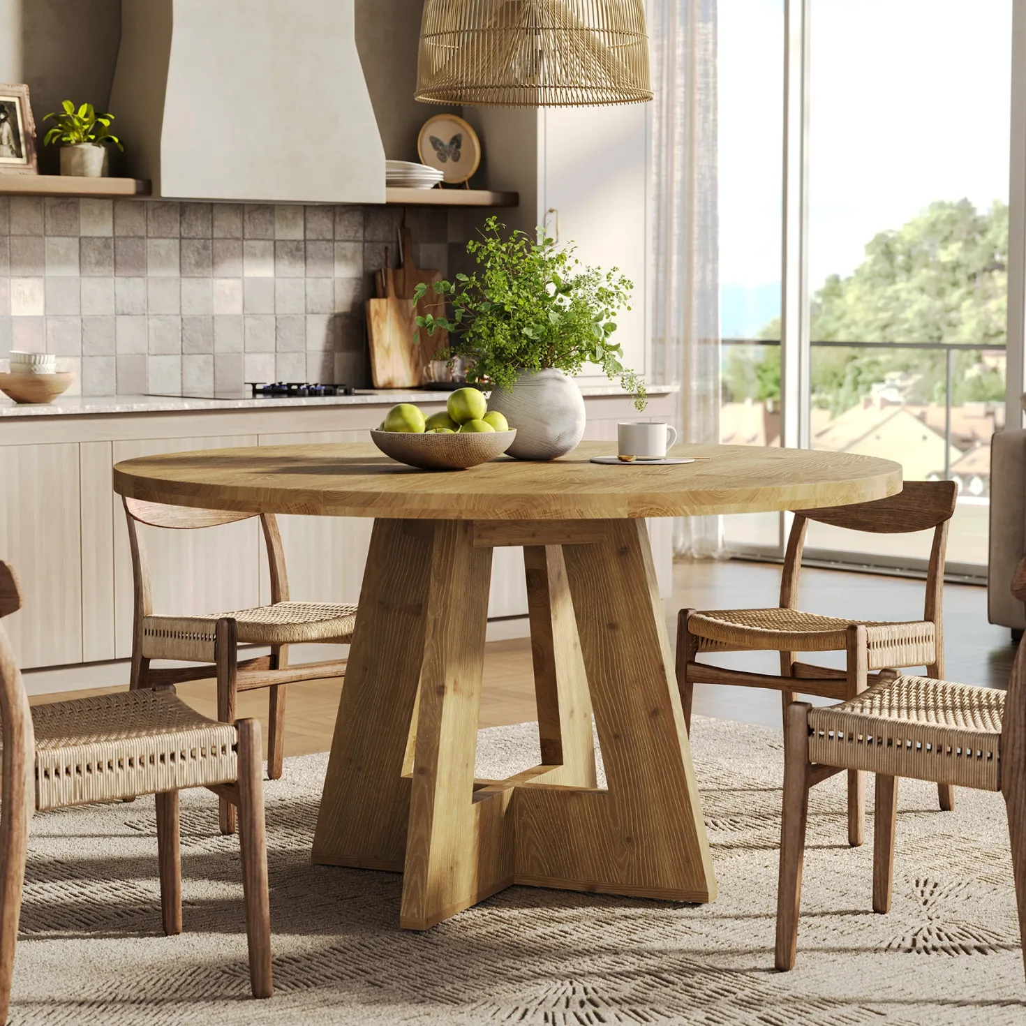 Solid Wood Round Dining Table for 4-6, 47" Farmhouse Kitchen Table for Dining Room