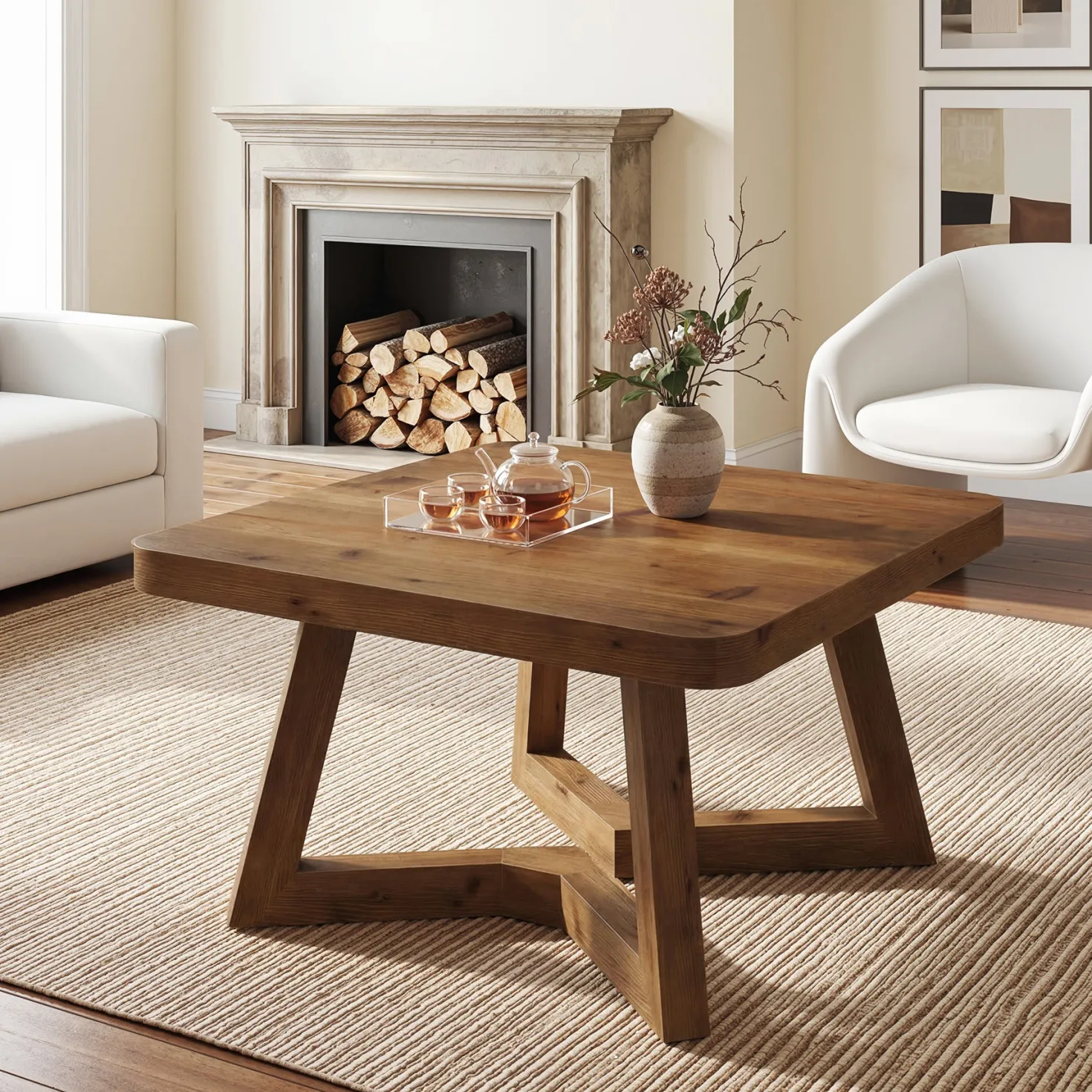 Solid Wood Square Coffee Table, 31.5" Simple Center Table for Living Room