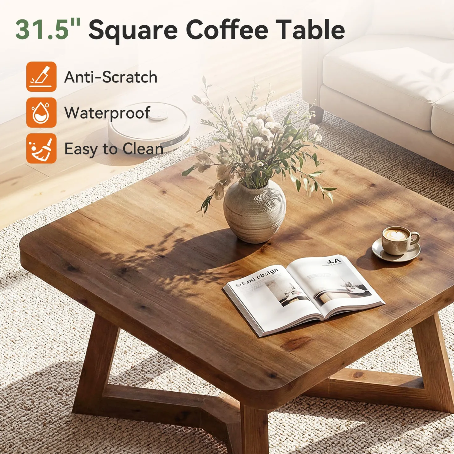 Solid Wood Square Coffee Table, 31.5" Simple Center Table for Living Room