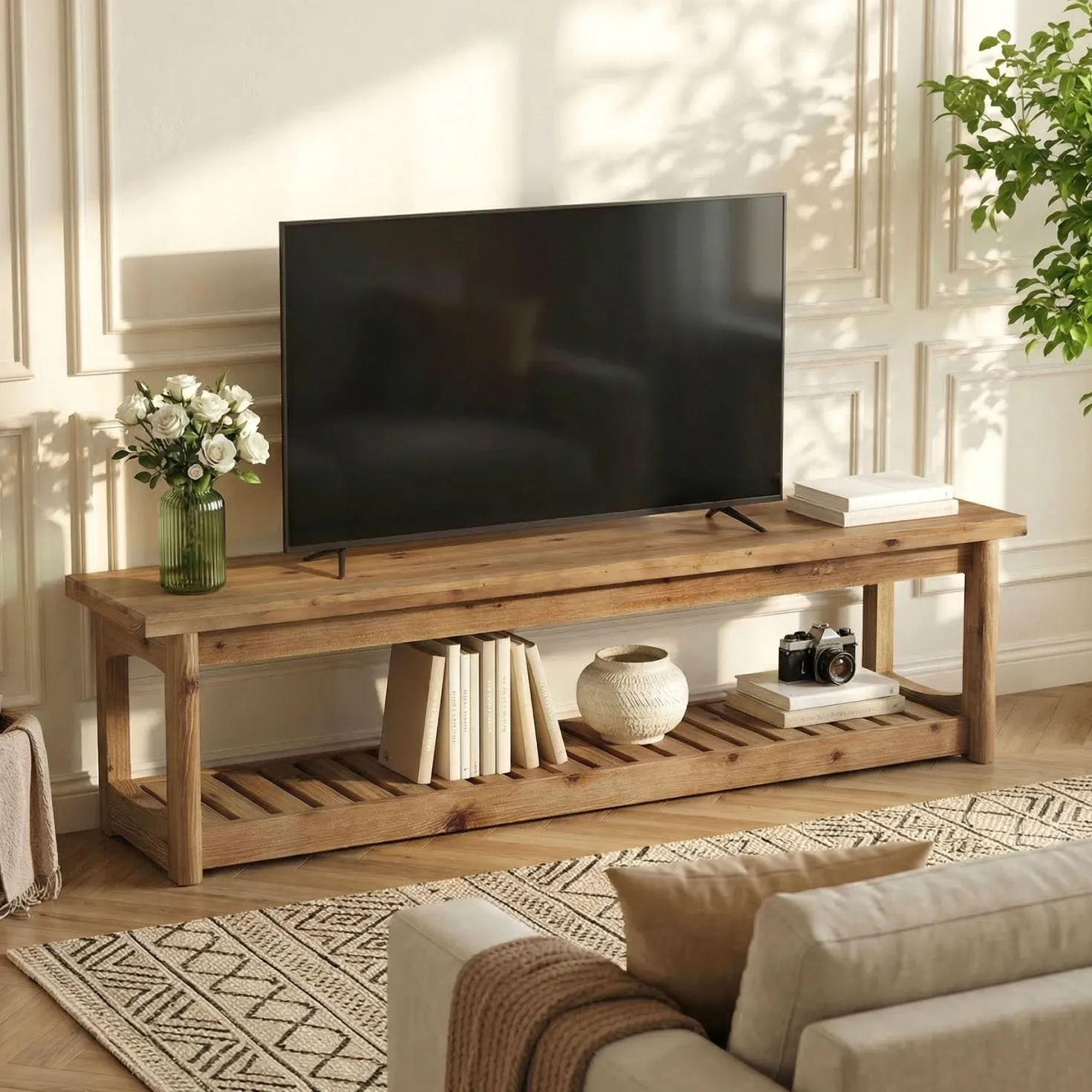 Solid Wood TV Stand, 63" Entertainment Center with Open Storage for Up to 70" TVs