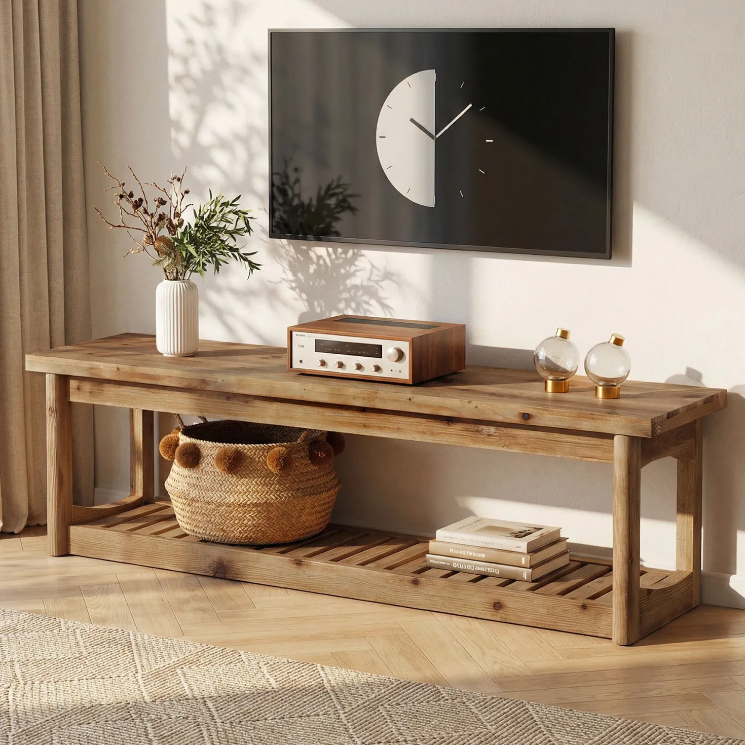 Solid Wood TV Stand, 63" Entertainment Center with Open Storage for Up to 70" TVs