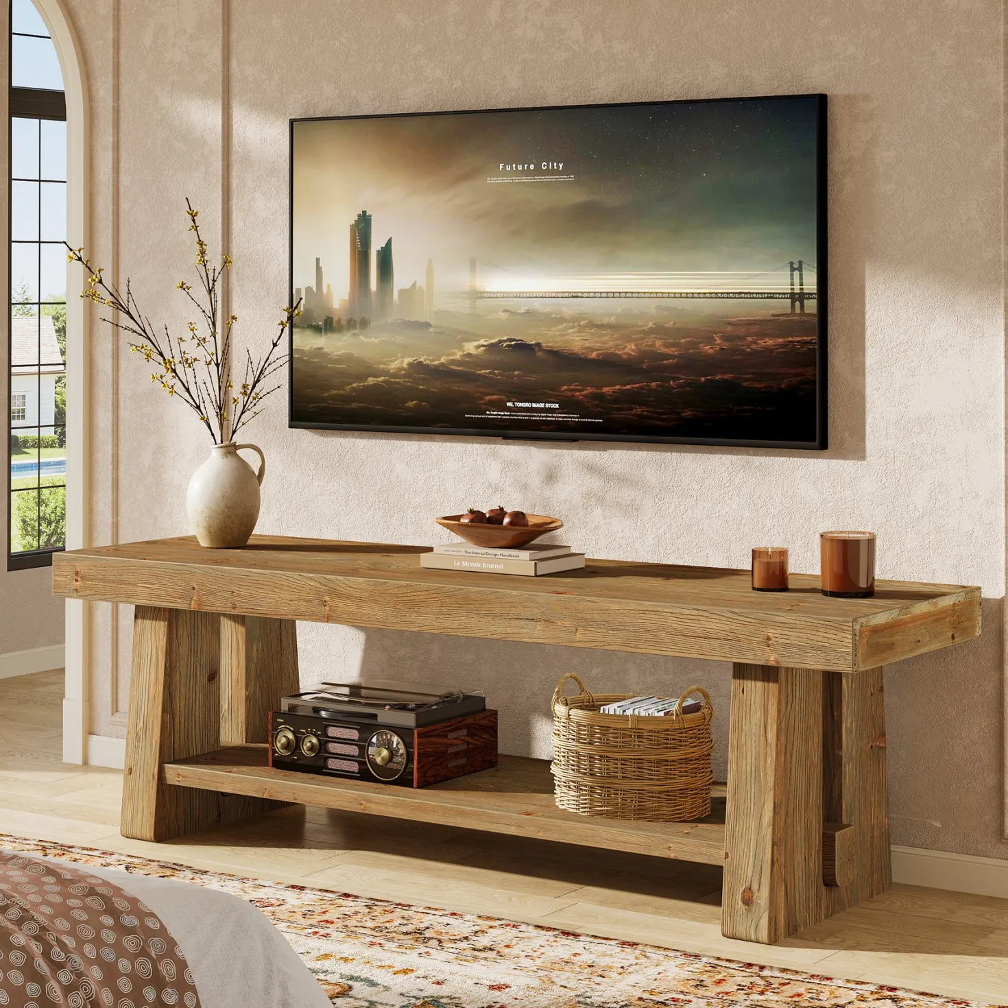Solid Wood TV Stand for Up to 75 Inch TV, 2-Tier Farmhouse Media Console with Open Shelves