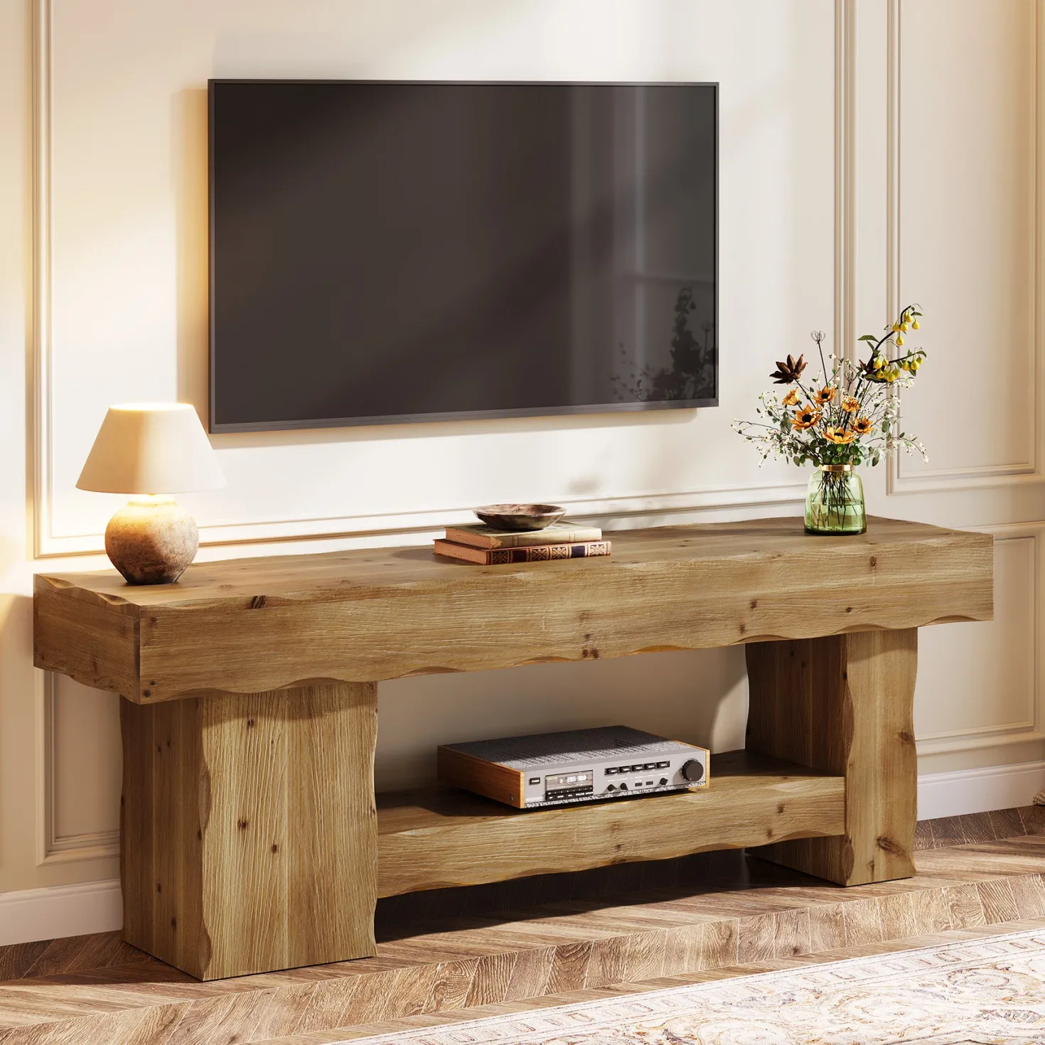 Solid Wood TV Stand for up to 75" TVs, 63" Media Console Entertainment with Shelves