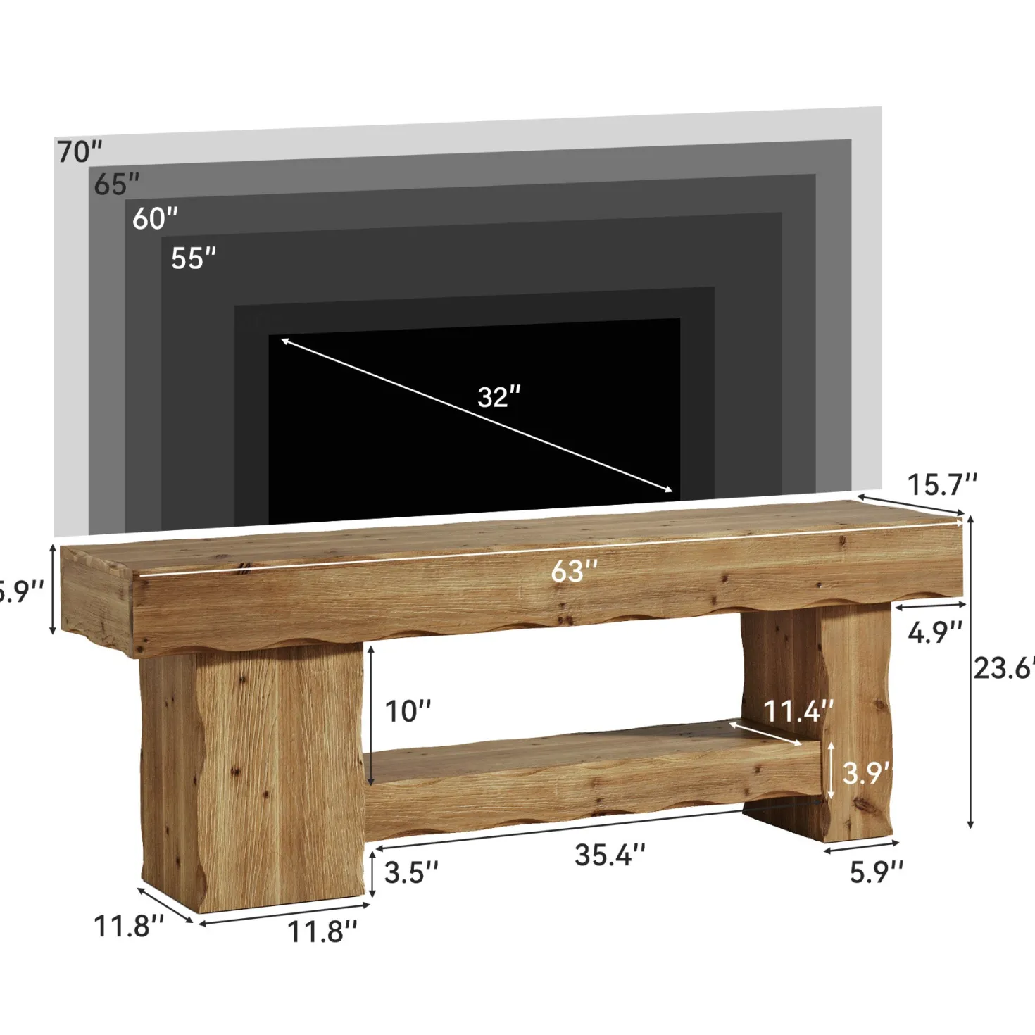 Solid Wood TV Stand for up to 75" TVs, 63" Media Console Entertainment with Shelves