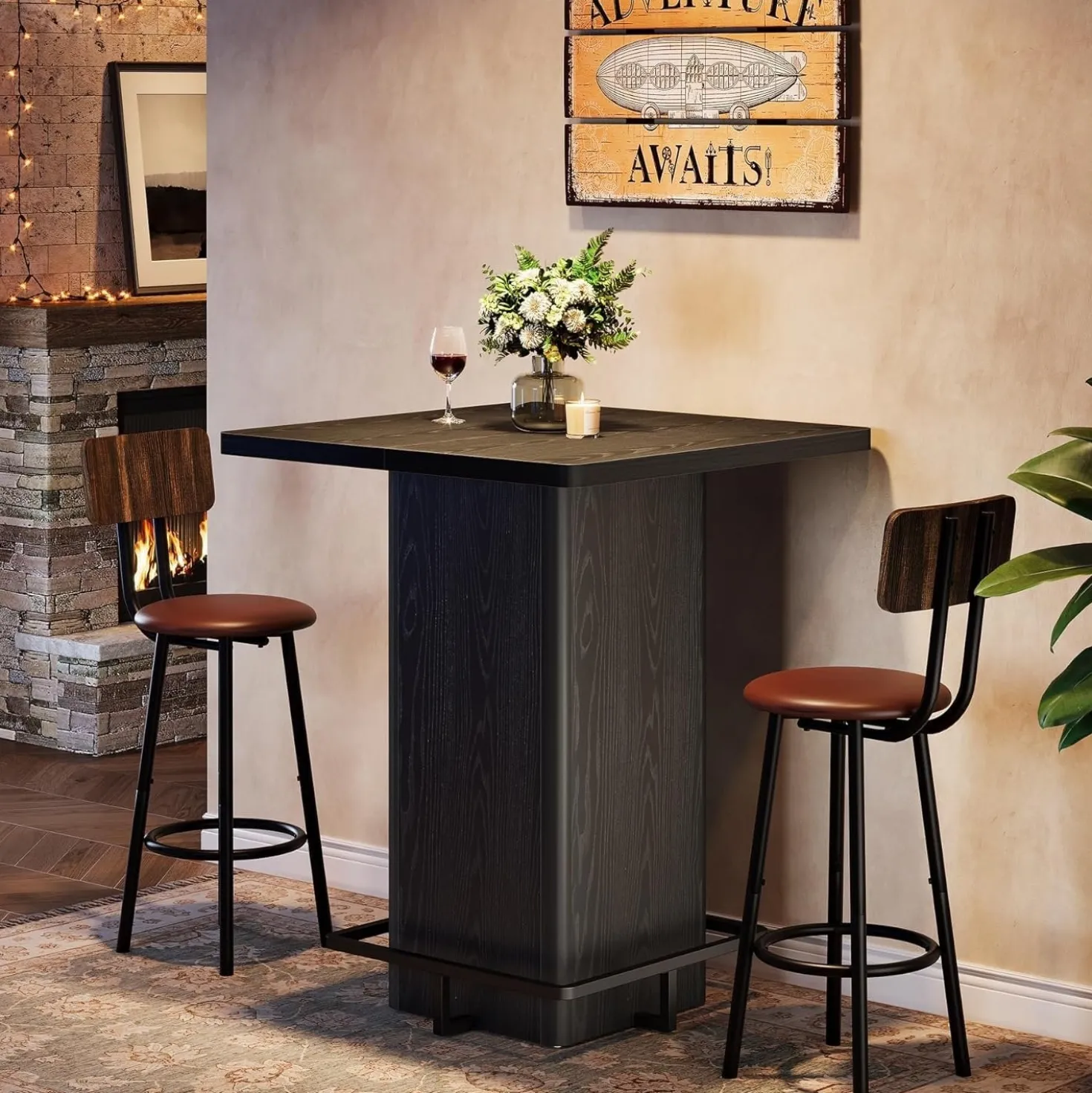 Square Bar Table, 39.37" Bistro Pub Table with Metal Frame Footrest