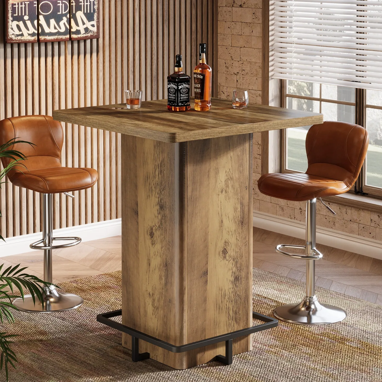 Square Bar Table, 39.37" Bistro Pub Table with Metal Frame Footrest