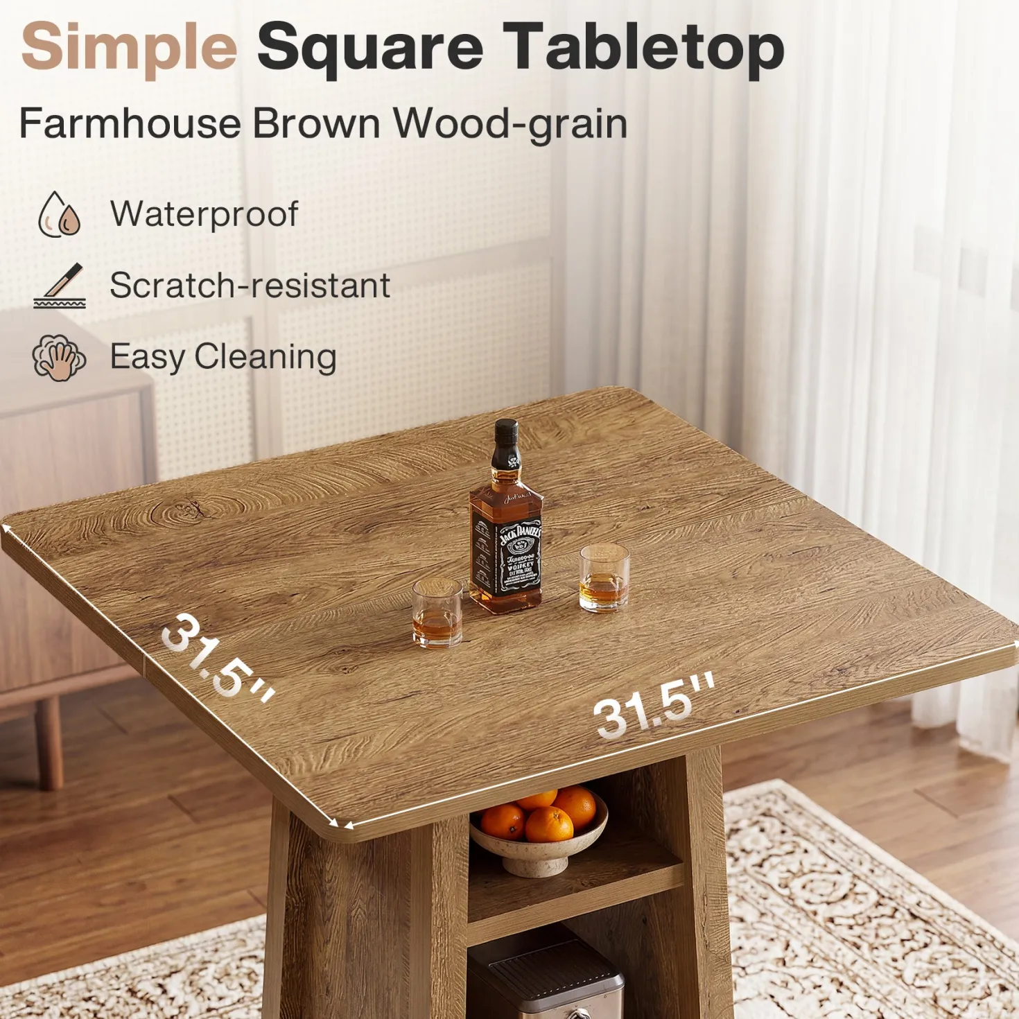 Square Bar Table with Storage, 35.4" H Pub Bar Table with 2 Open Shelves