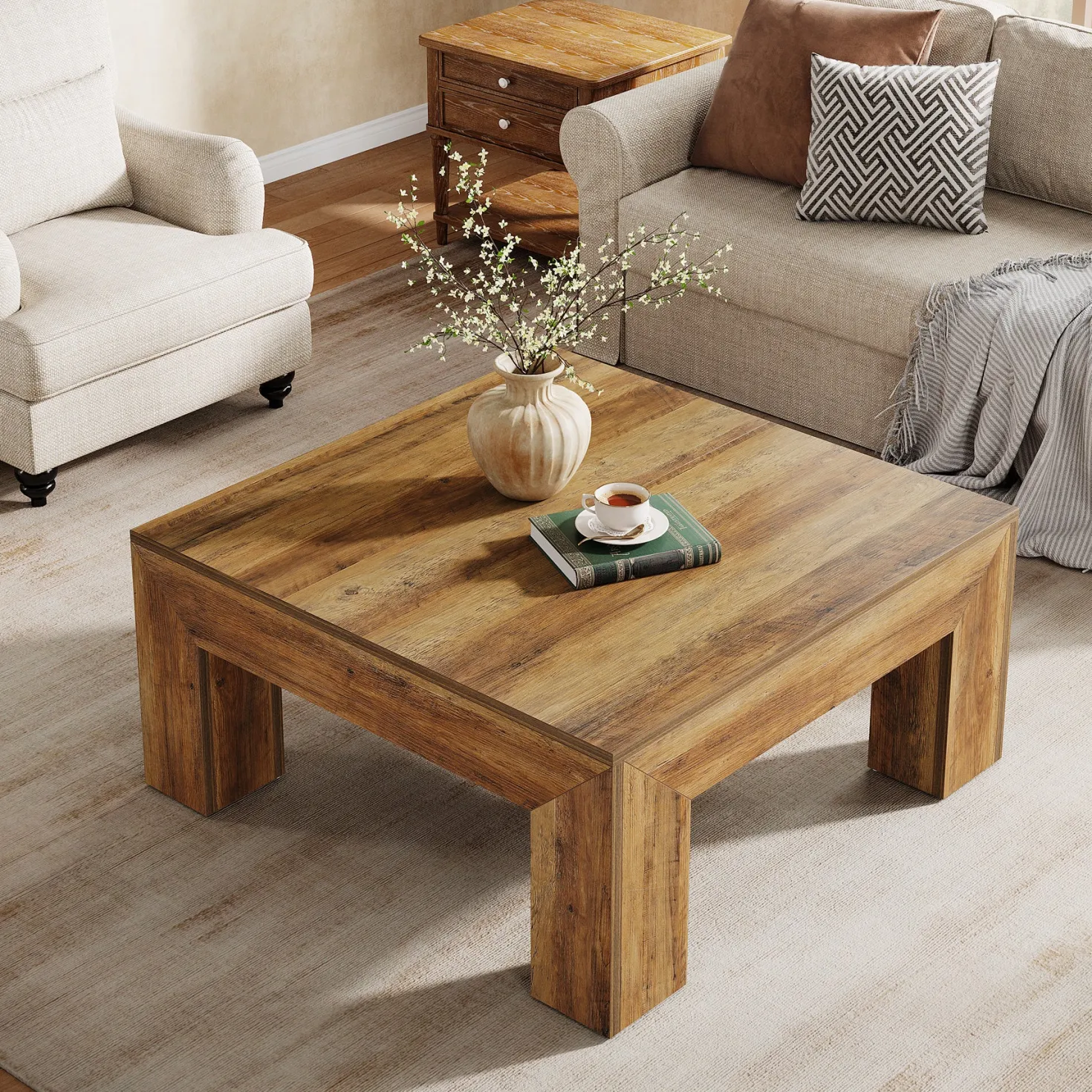 Square Coffee Table, 39.37" Center Tea Accent Table with Sturdy Legs