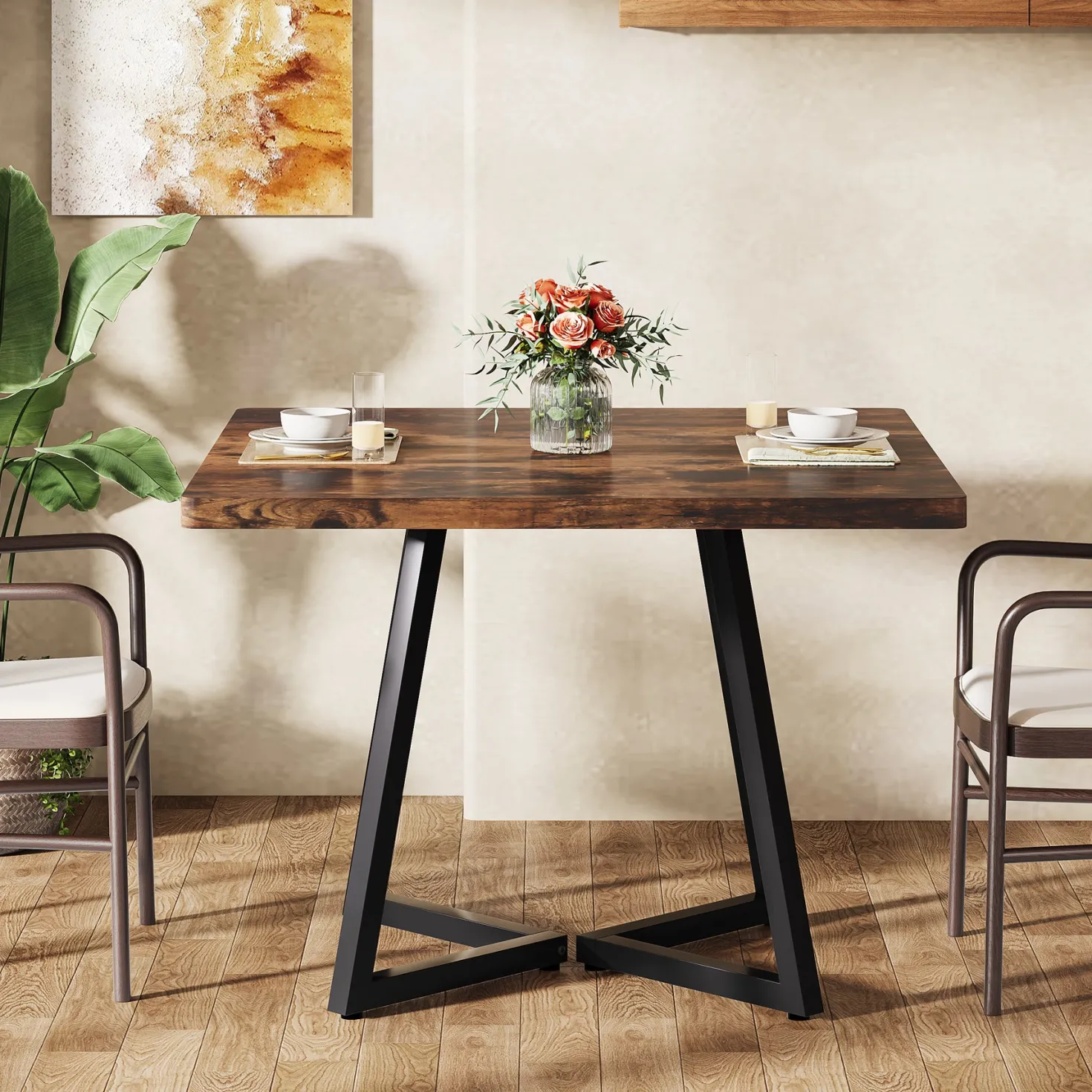 Square Dining Table, 31.5" Small Kitchen Dinner Table with Metal Base for 2-4