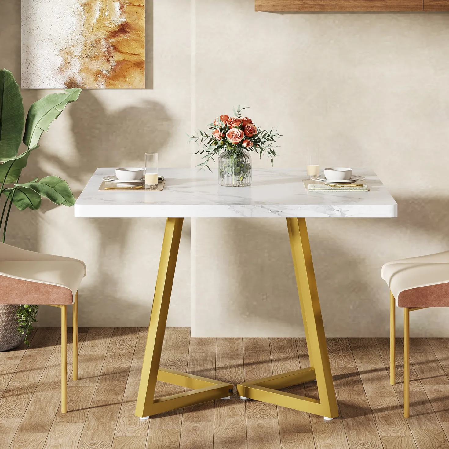 Square Dining Table, 31.5" Small Kitchen Dinner Table with Metal Base for 2-4