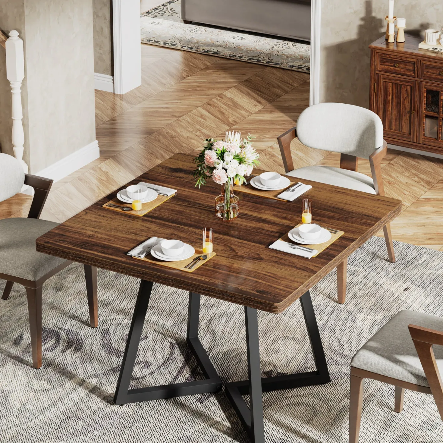 Square Dining Table, 31.5" Small Kitchen Dinner Table with Metal Base for 2-4