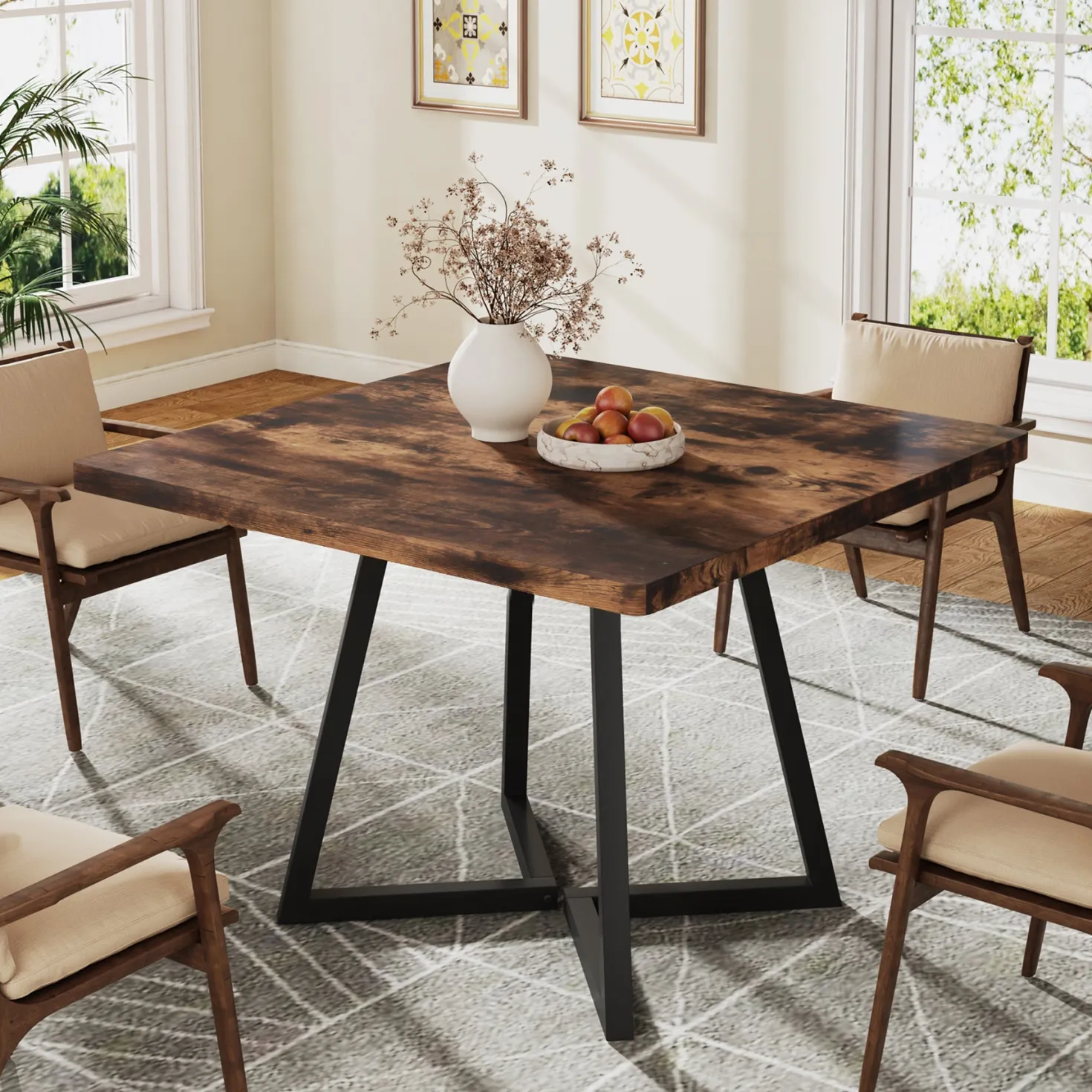 Square Dining Table, 31.5" Small Kitchen Dinner Table with Metal Base for 2-4