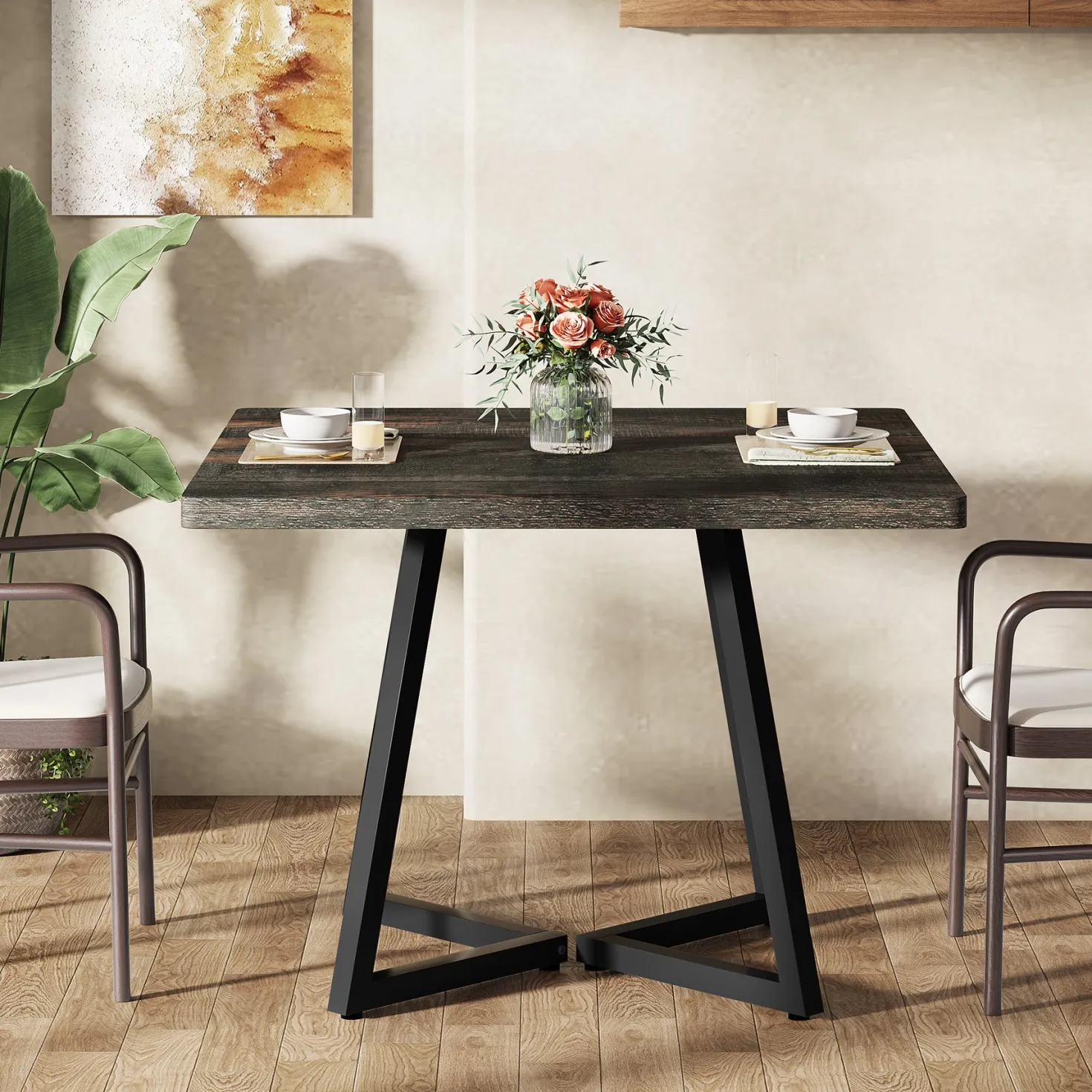 Square Dining Table, 31.5" Small Kitchen Dinner Table with Metal Base for 2-4