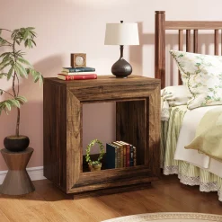 Square End Table, 2-Tier Wooden Sofa Side Table with Storage Shelf